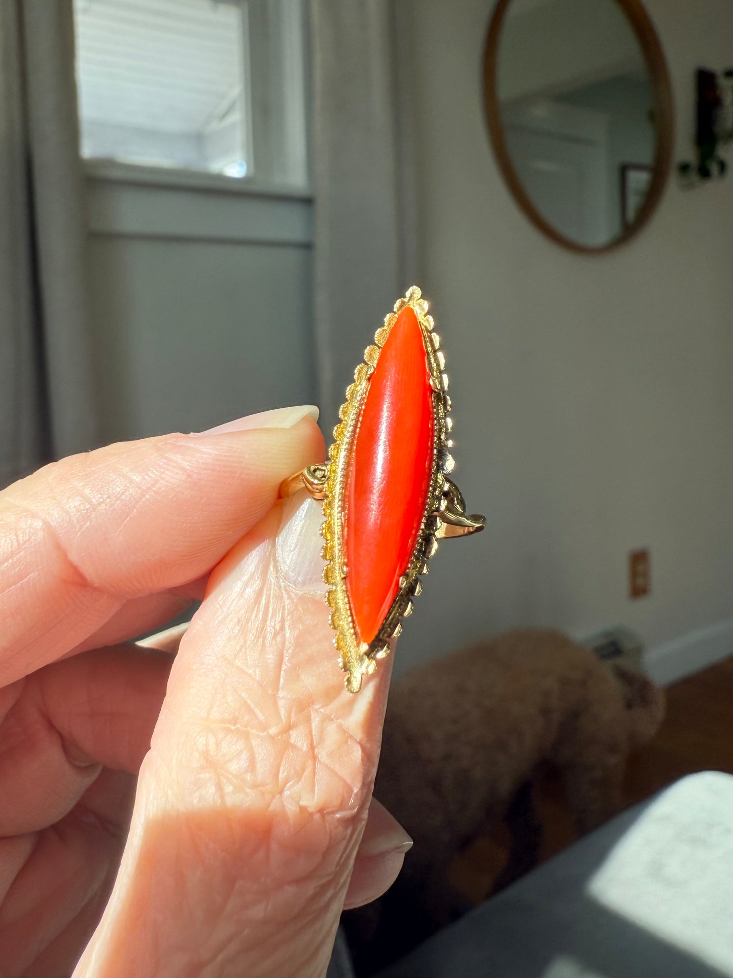 Antique 18k Yellow Gold Coral Navette Ring