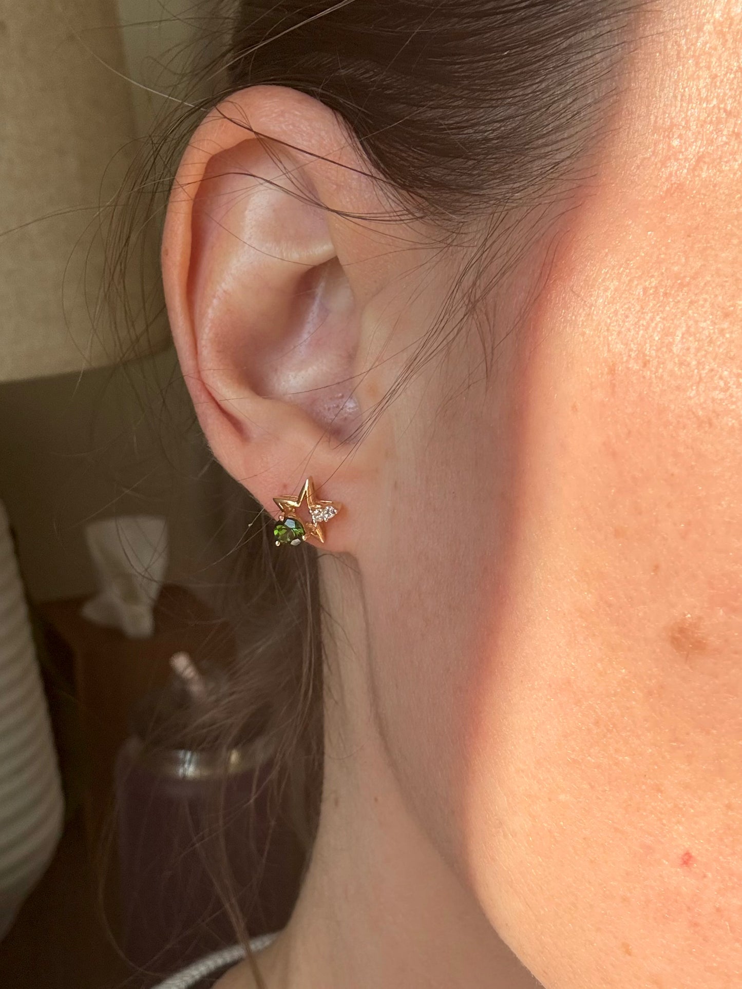 Vintage 14k Yellow Gold Tourmaline & Diamond Star Earrings
