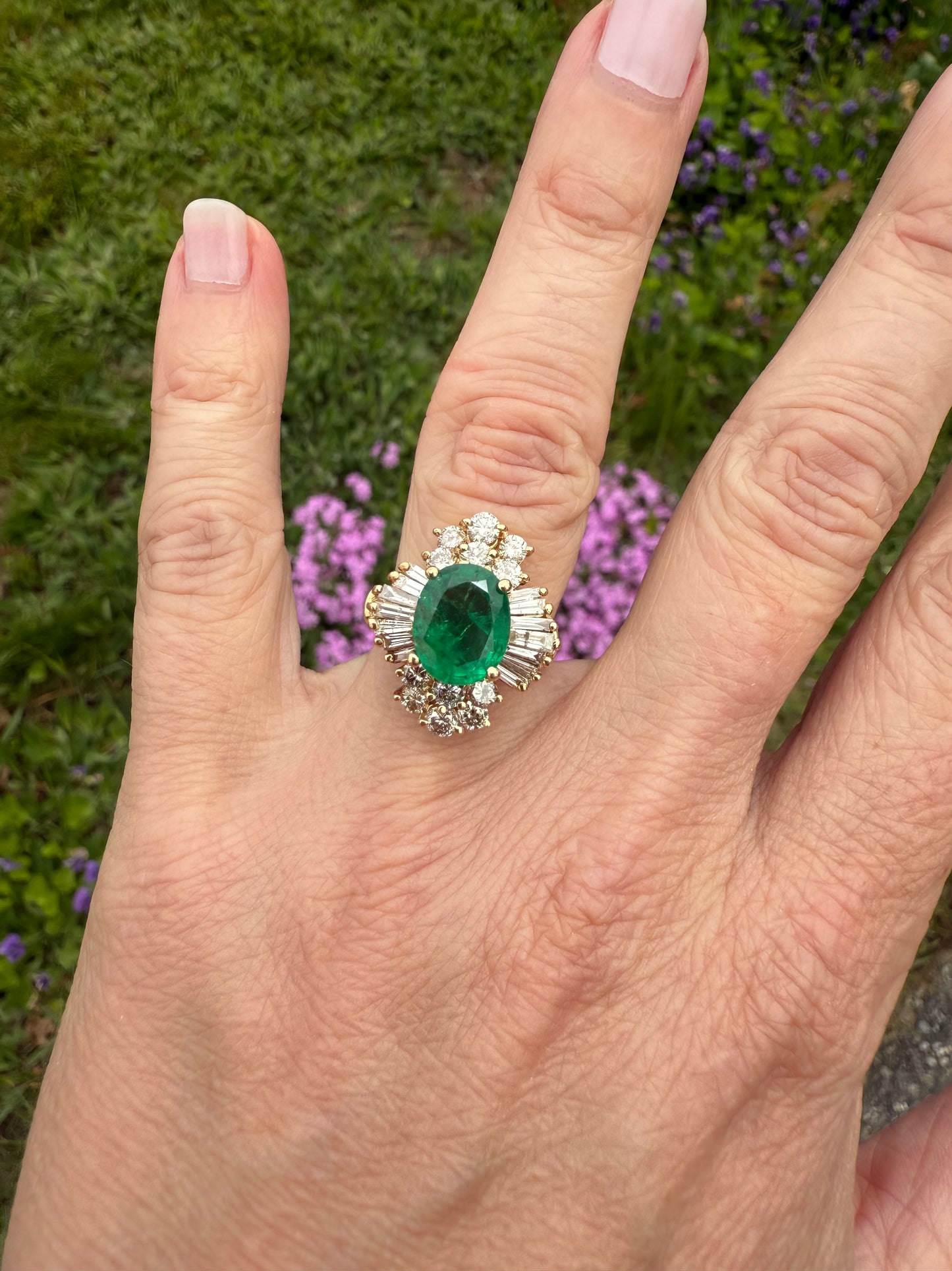 Vintage 14k Yellow Gold Emerald and Diamond Ballerina Ring