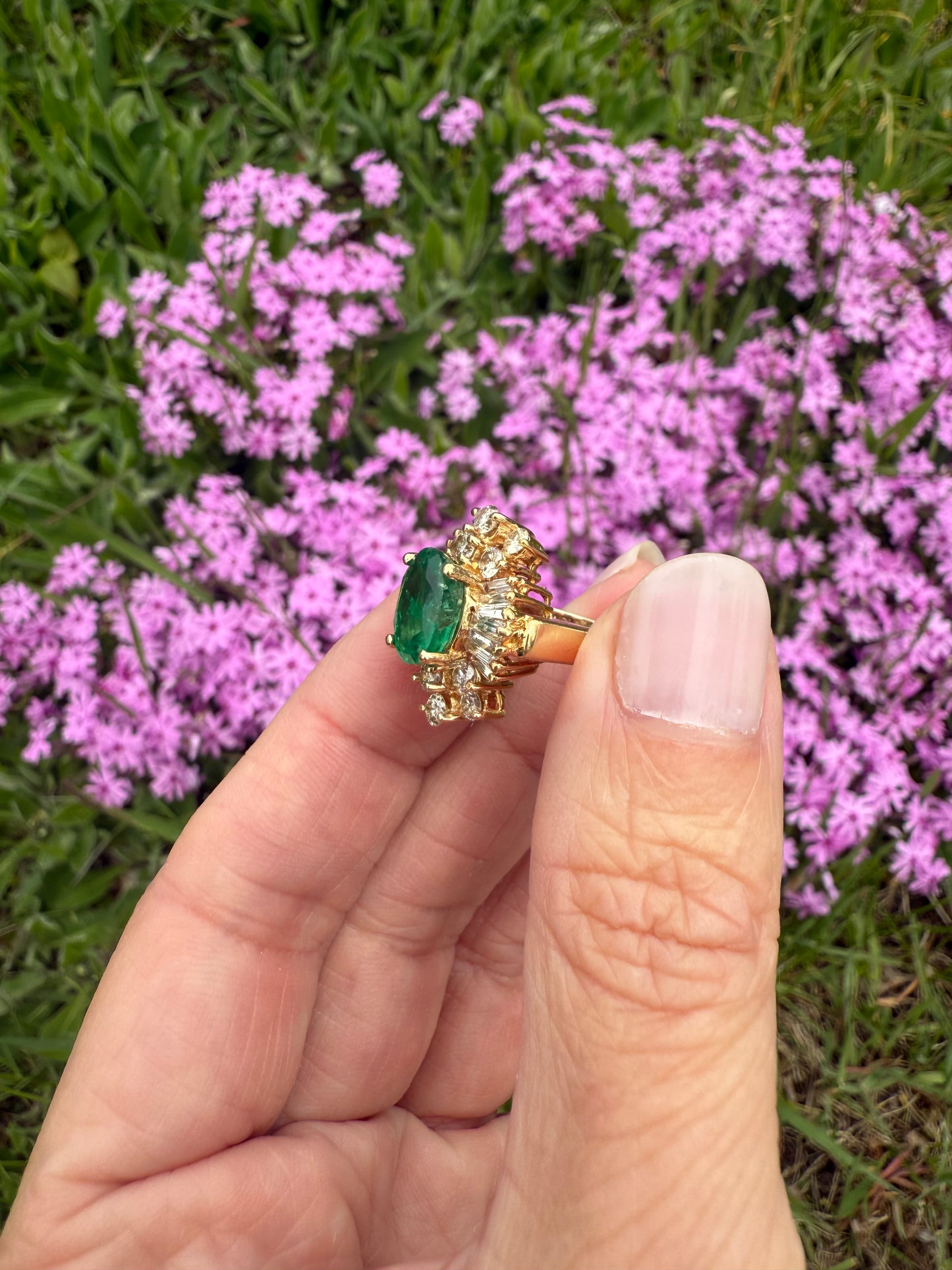 Vintage 14k Yellow Gold Emerald and Diamond Ballerina Ring