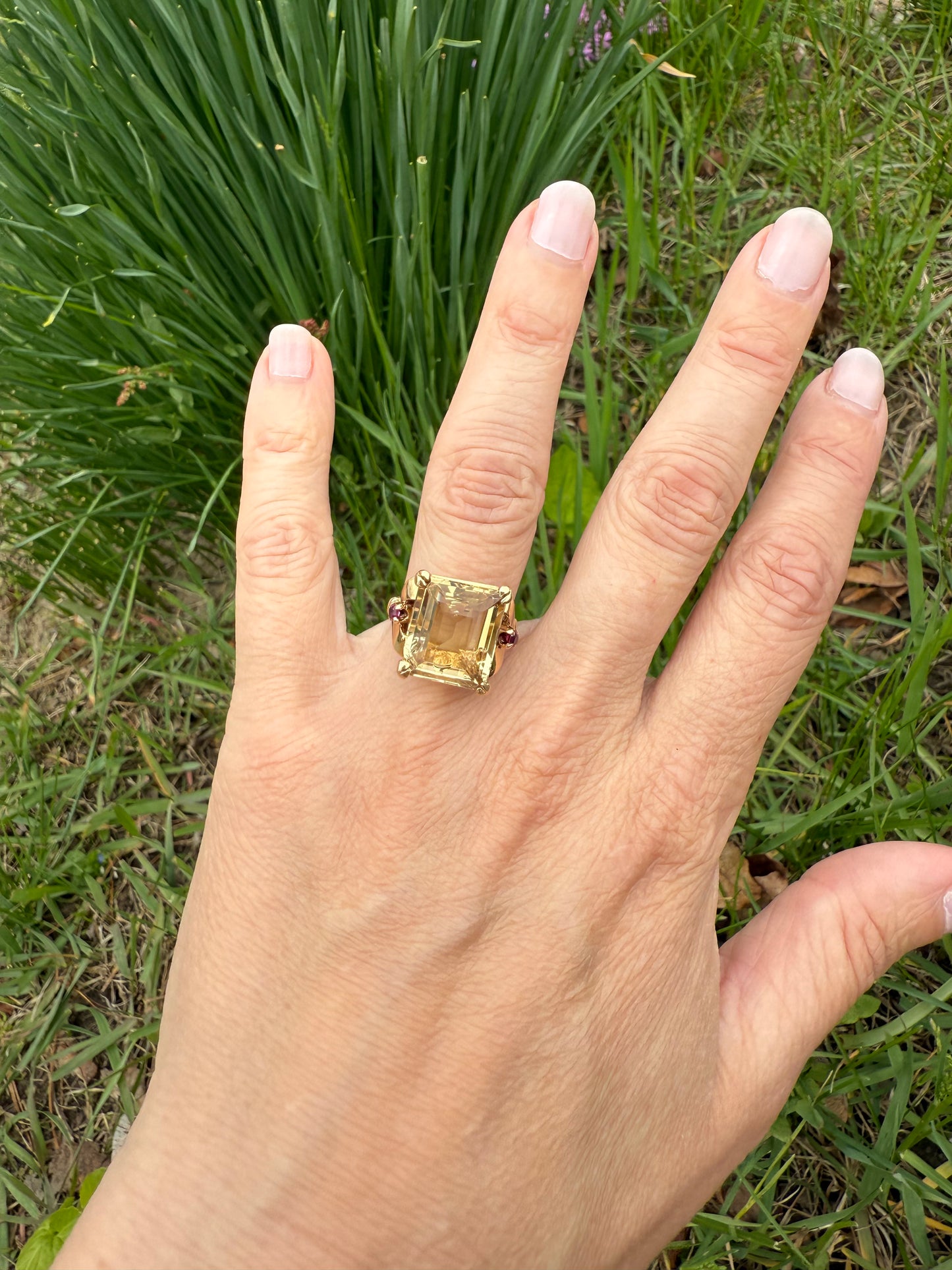 Mid-century 14k Yellow Gold Citrine and Ruby Ring