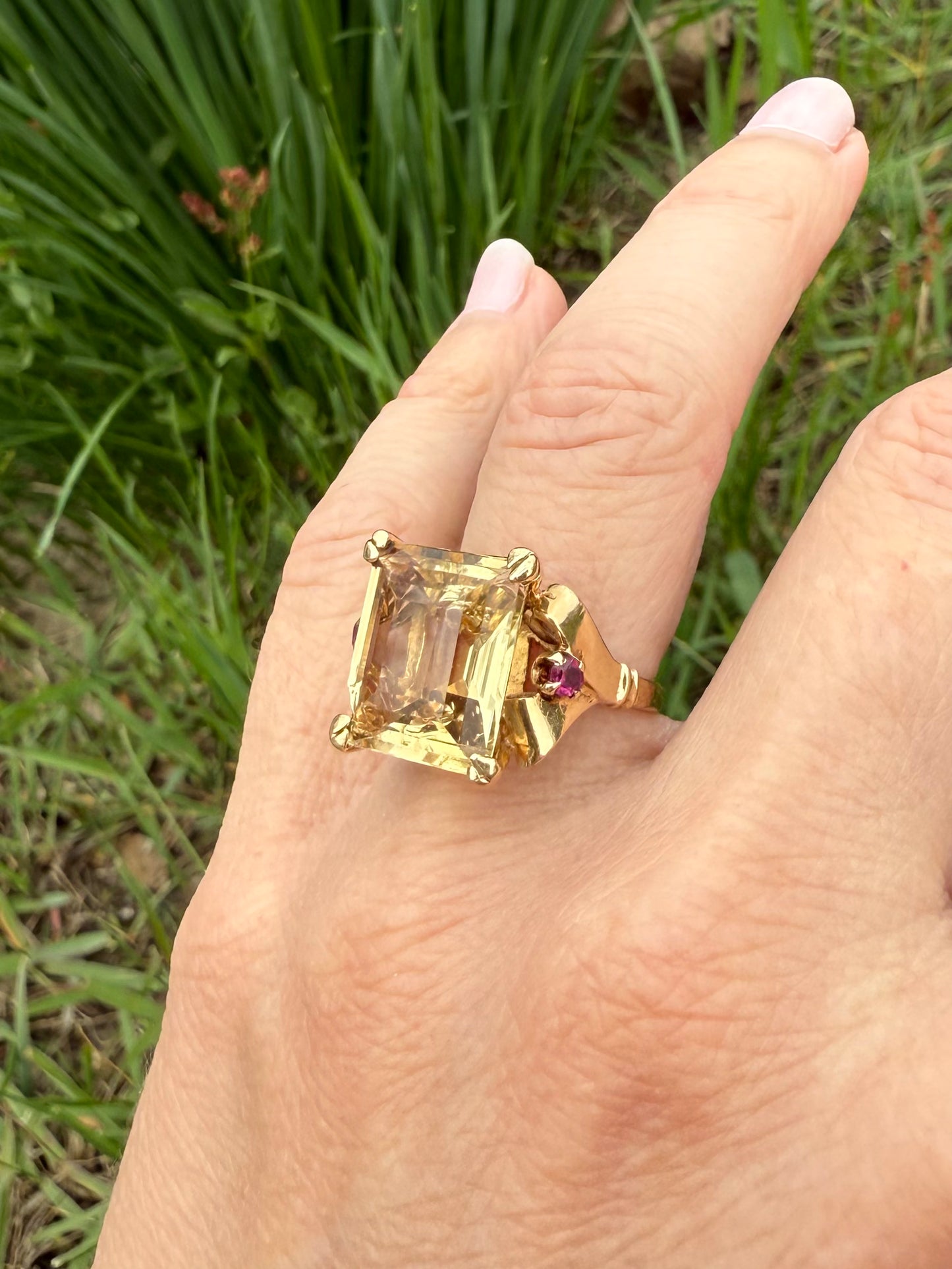 Mid-century 14k Yellow Gold Citrine and Ruby Ring
