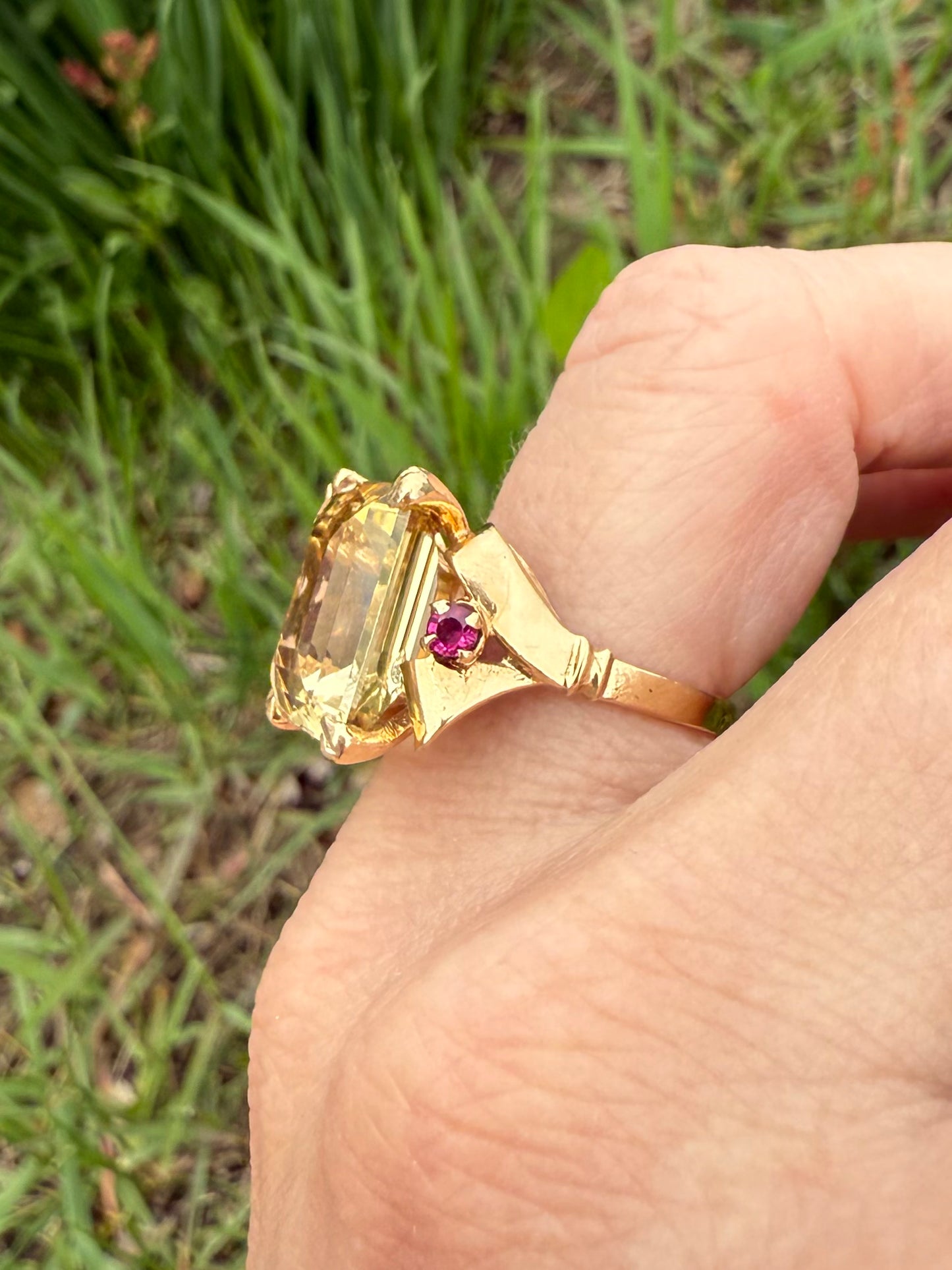 Mid-century 14k Yellow Gold Citrine and Ruby Ring