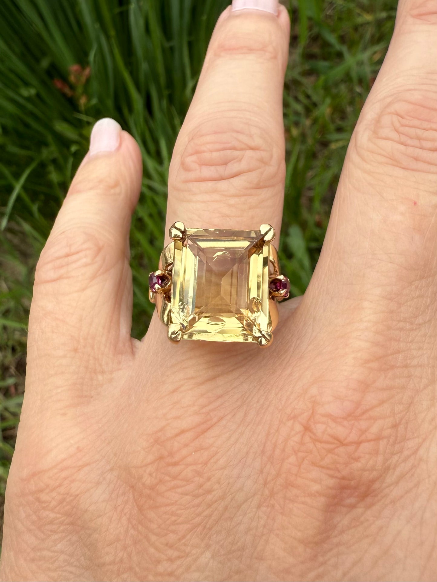 Mid-century 14k Yellow Gold Citrine and Ruby Ring