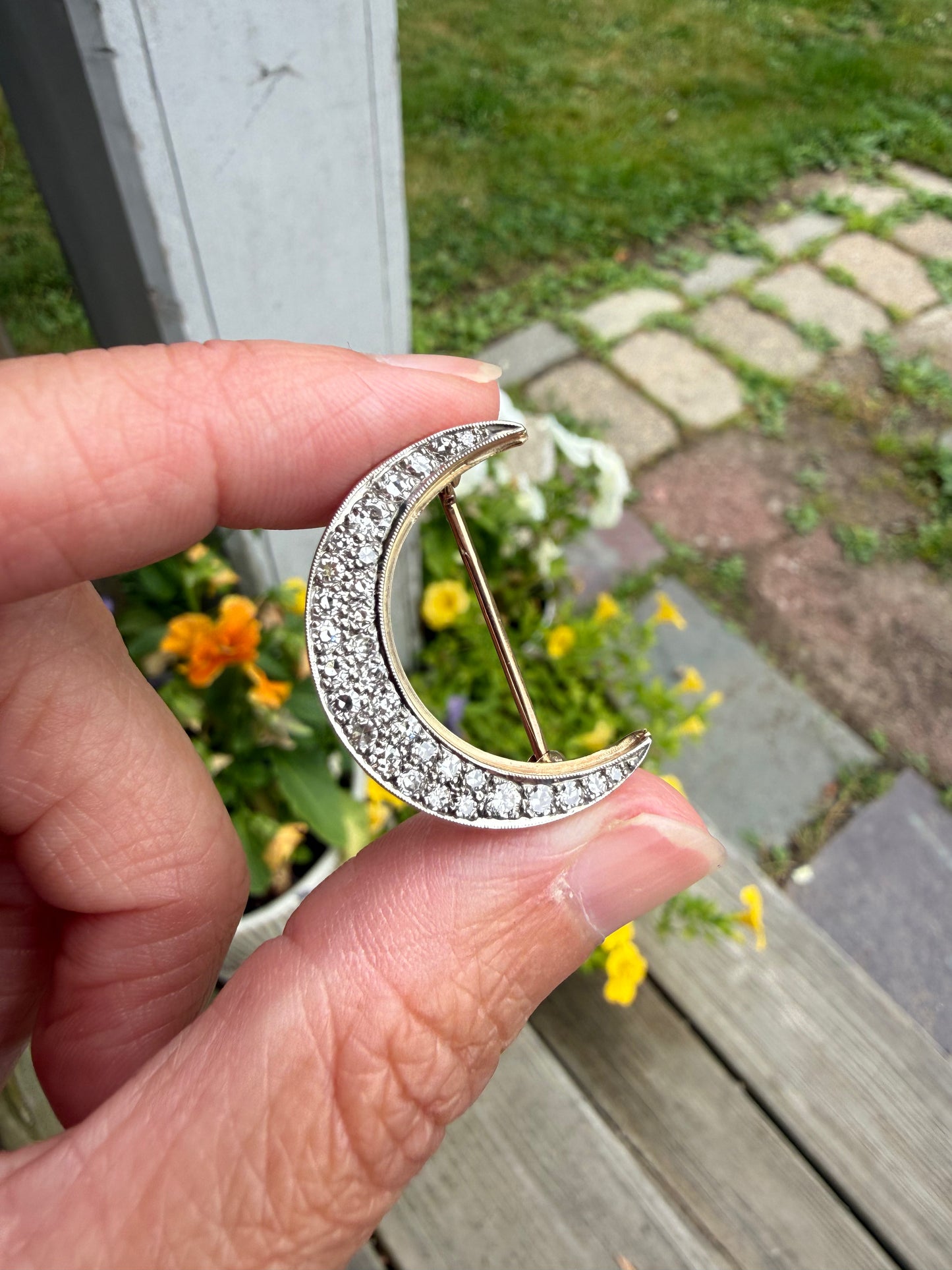 Vintage Diamond Crescent Moon Brooch