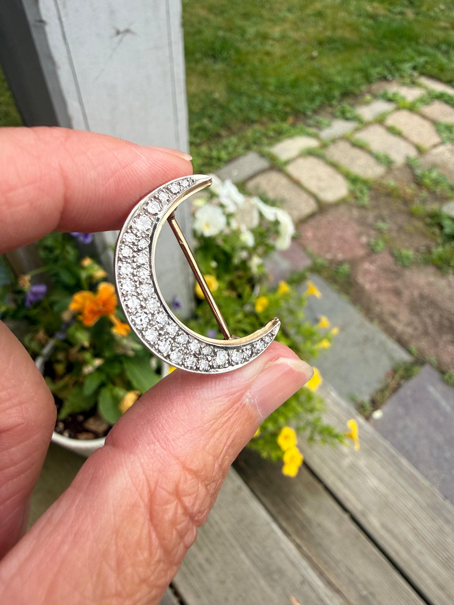 Vintage Diamond Crescent Moon Brooch