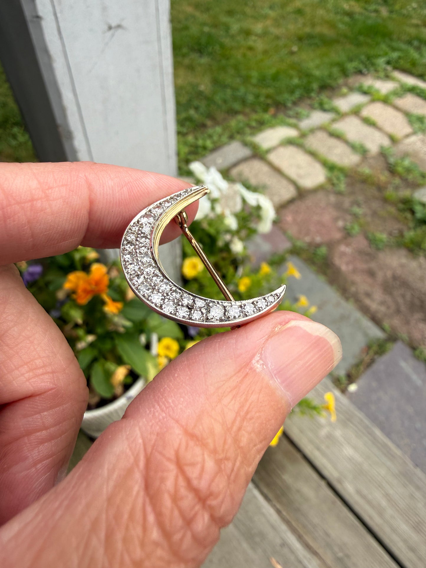 Vintage Diamond Crescent Moon Brooch