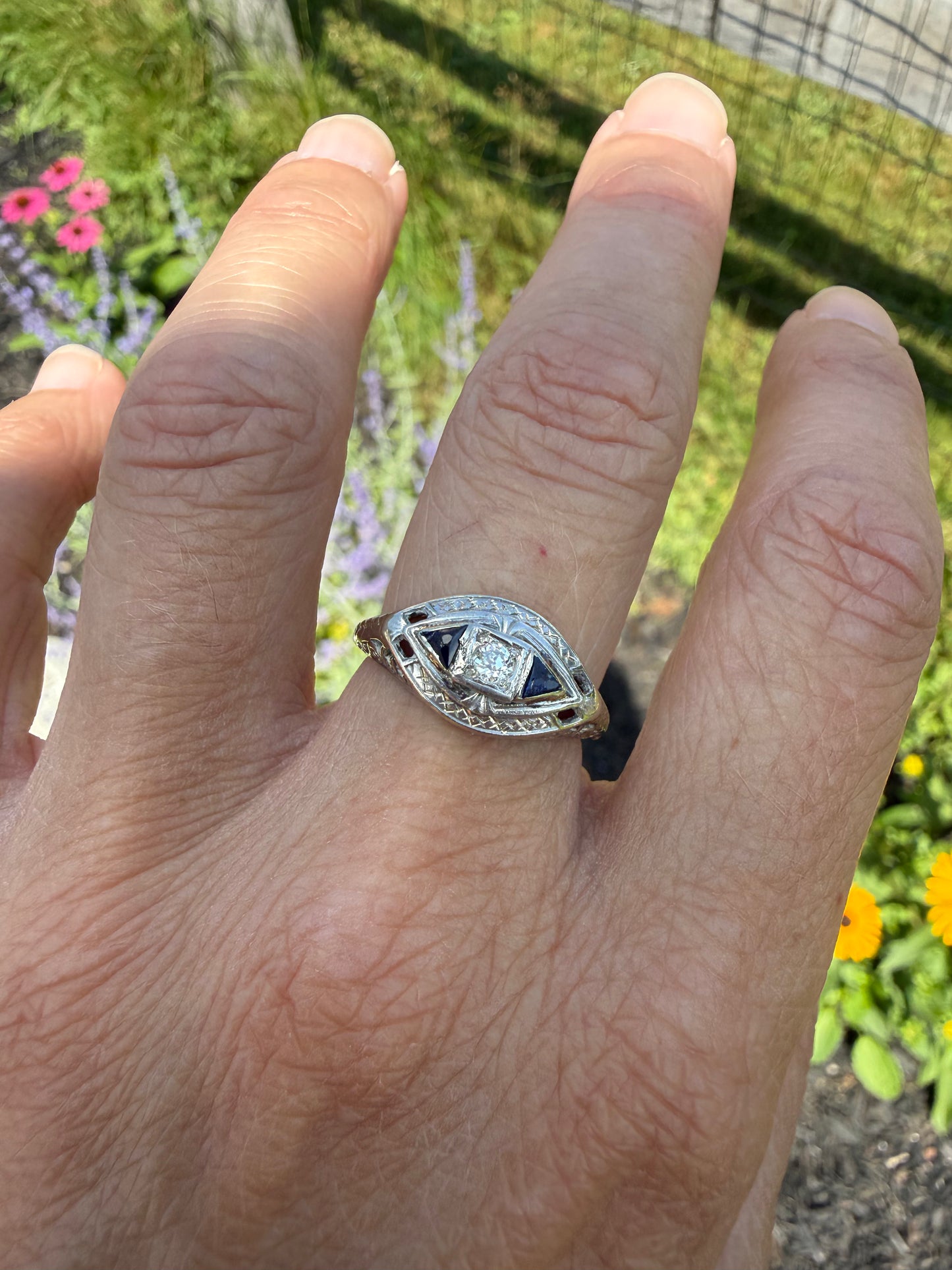 Art Deco 18k White Gold Diamond & Sapphire Ring