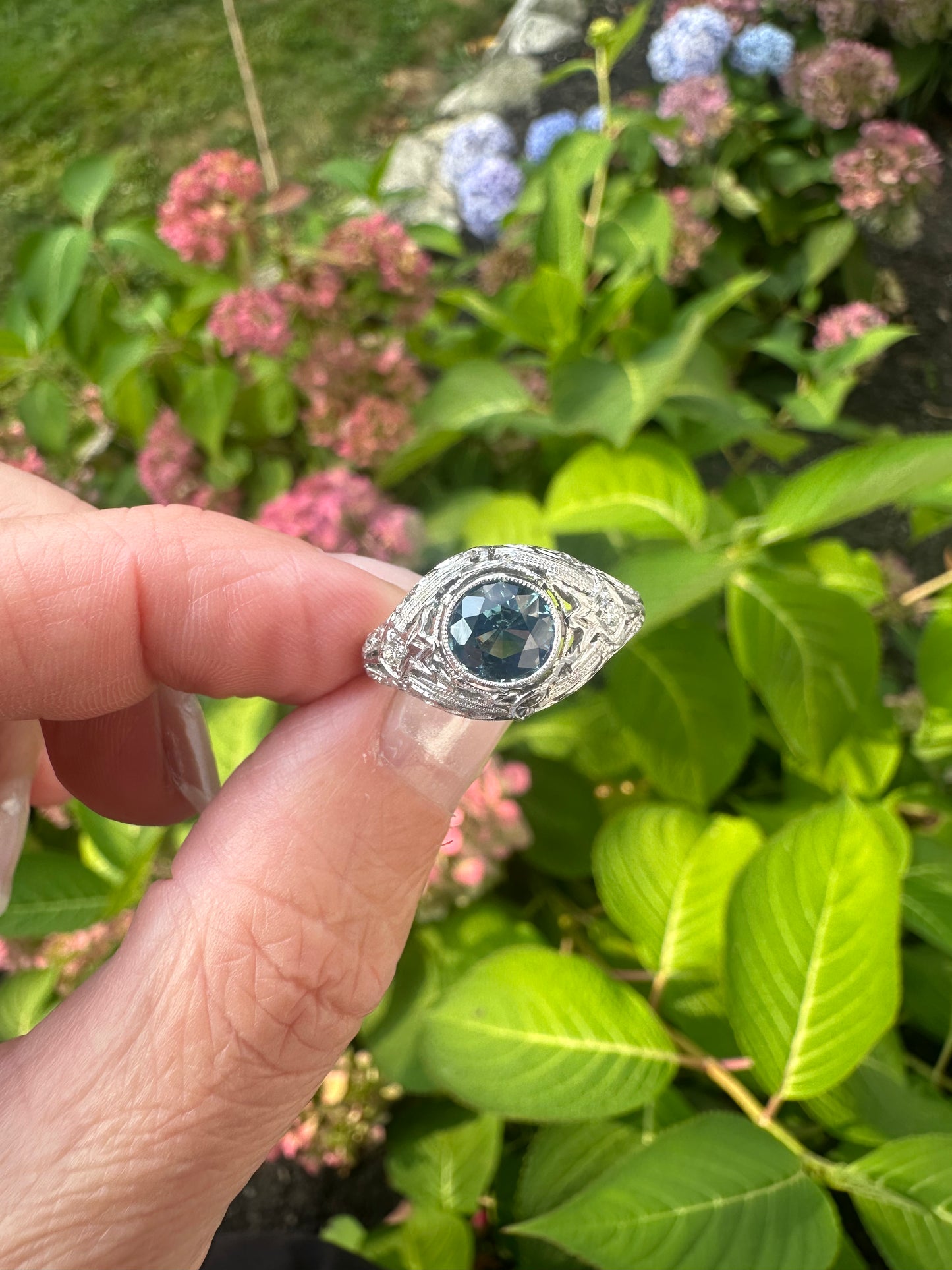 Handcrafted Platinum Teal Sapphire Engagement Ring