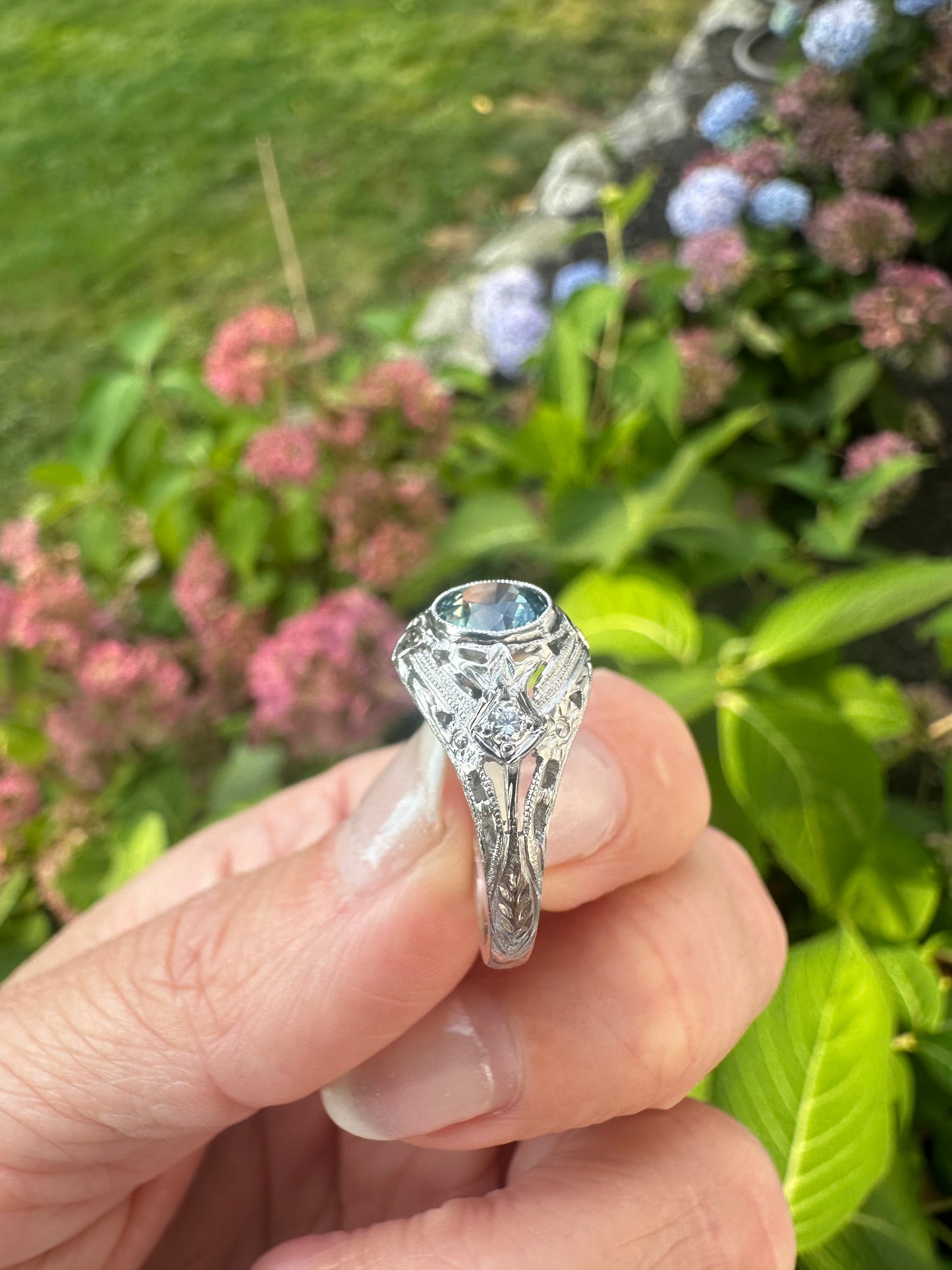 Handcrafted Platinum Teal Sapphire Engagement Ring