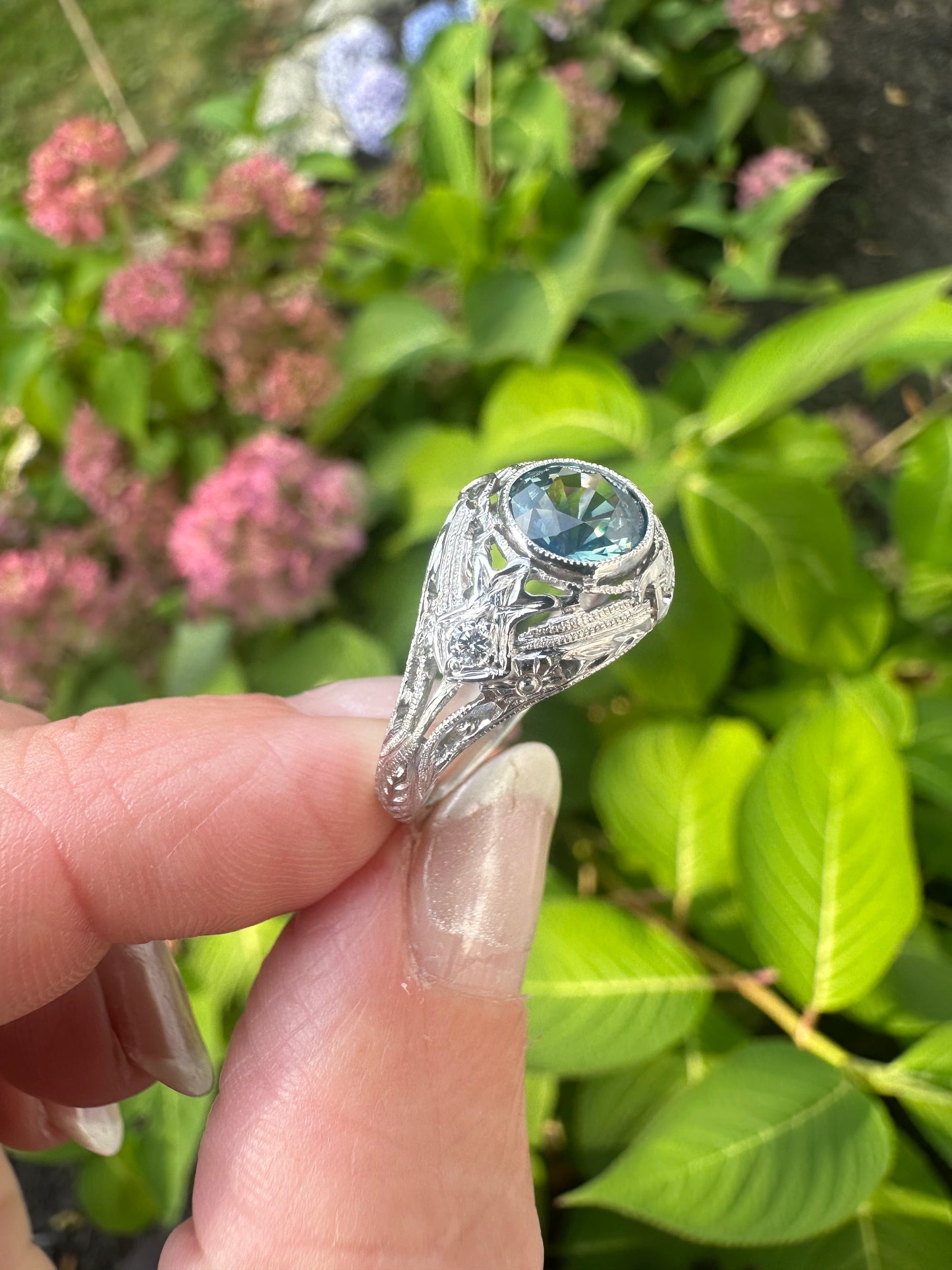 Handcrafted Platinum Teal Sapphire Engagement Ring