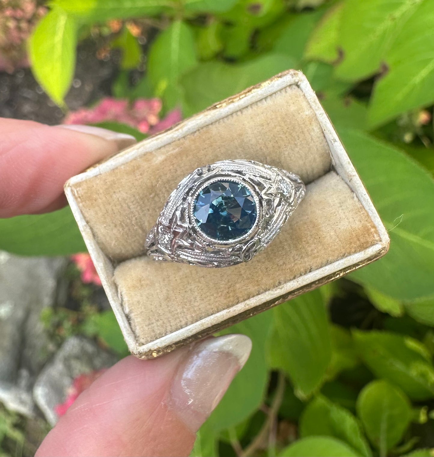 Handcrafted Platinum Teal Sapphire Engagement Ring