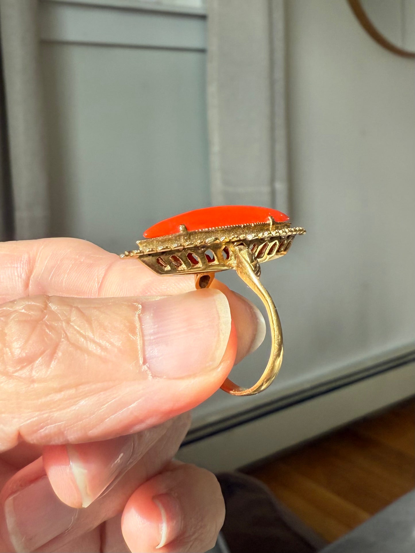Antique 18k Yellow Gold Coral Navette Ring