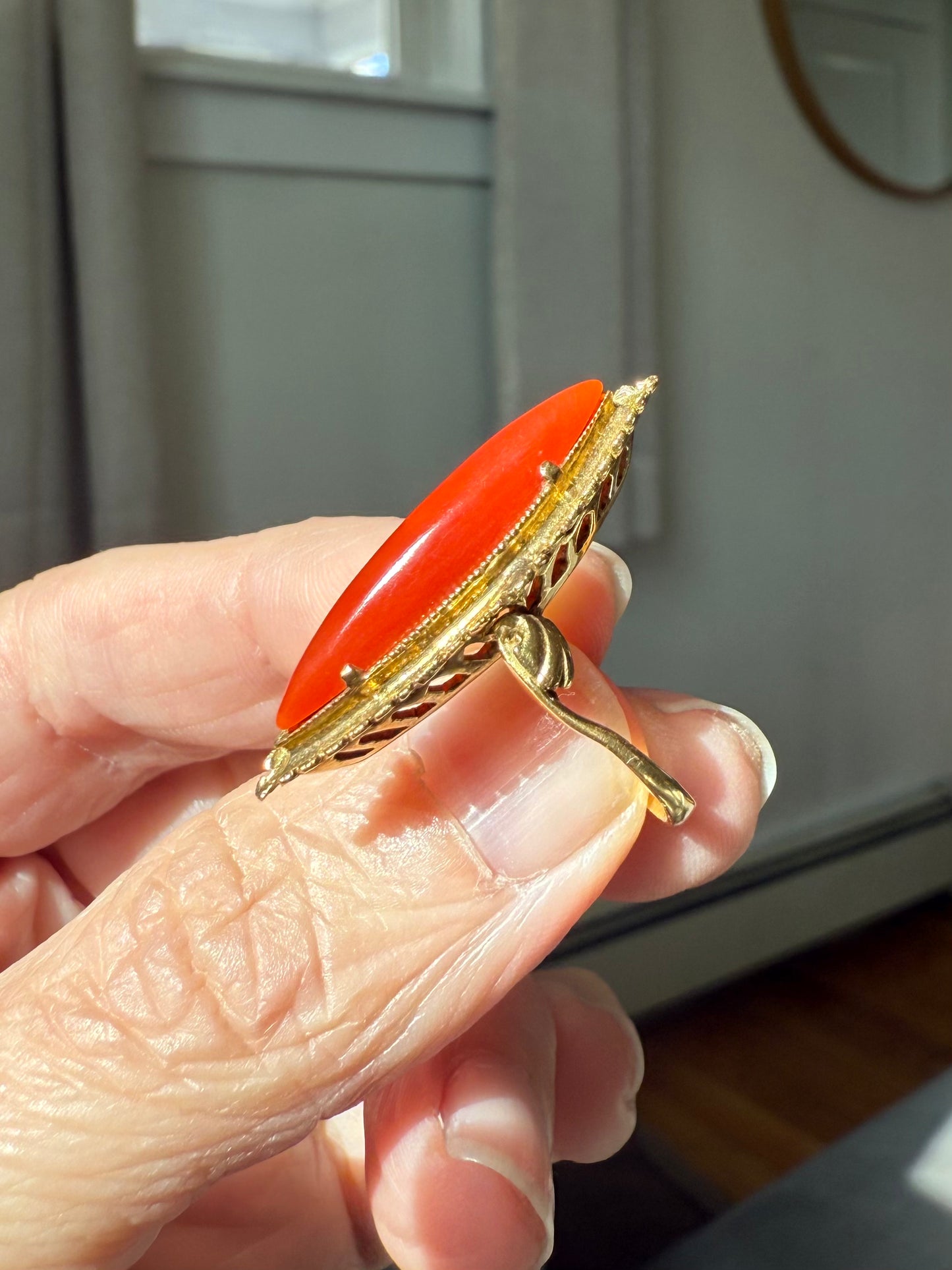 Antique 18k Yellow Gold Coral Navette Ring
