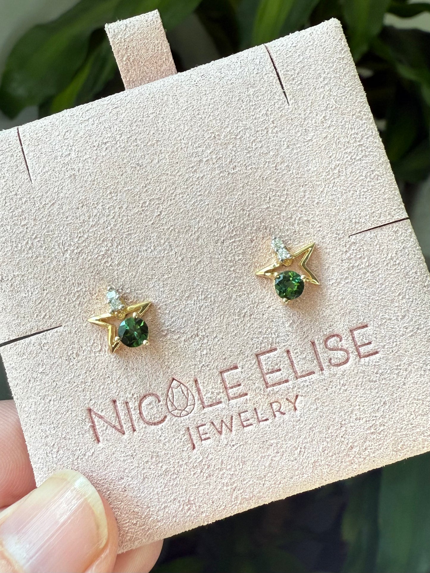 Vintage 14k Yellow Gold Tourmaline & Diamond Star Earrings