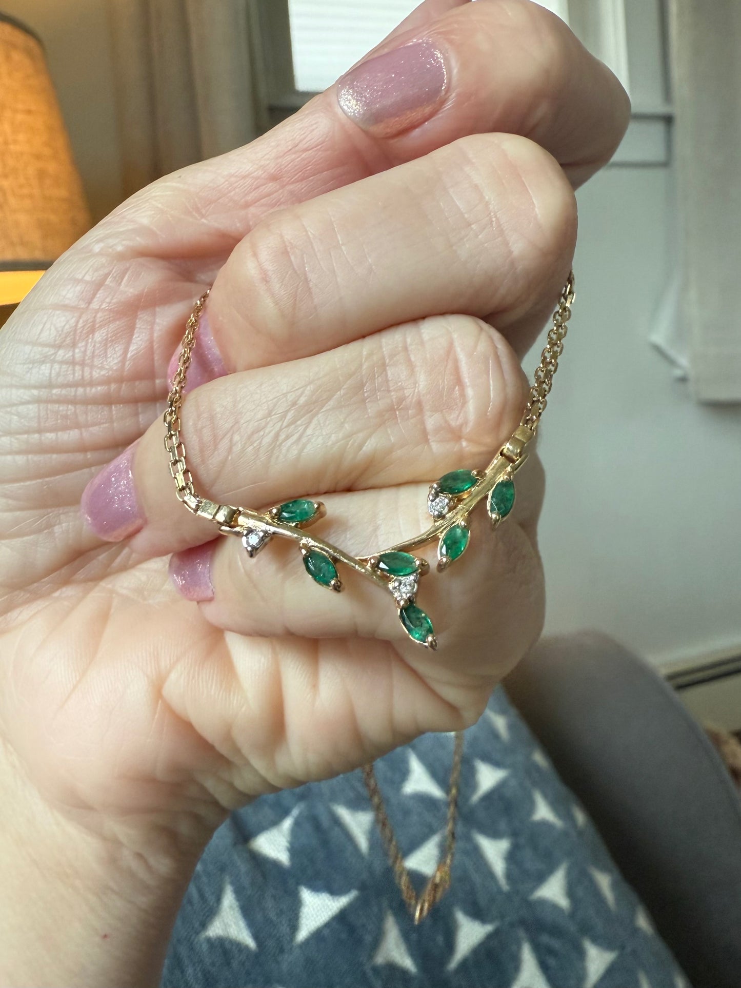 Vintage 14k Yellow Gold Emerald and Diamond Necklace