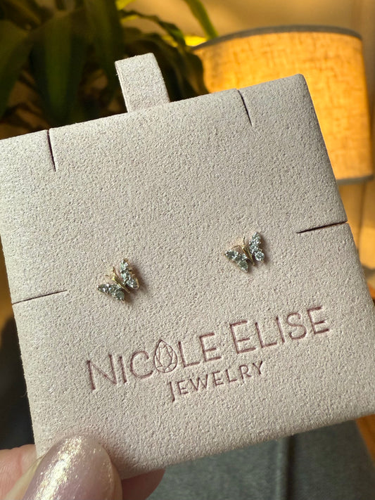 Vintage 14k Yellow Gold Diamond Butterfly Stud Earrings
