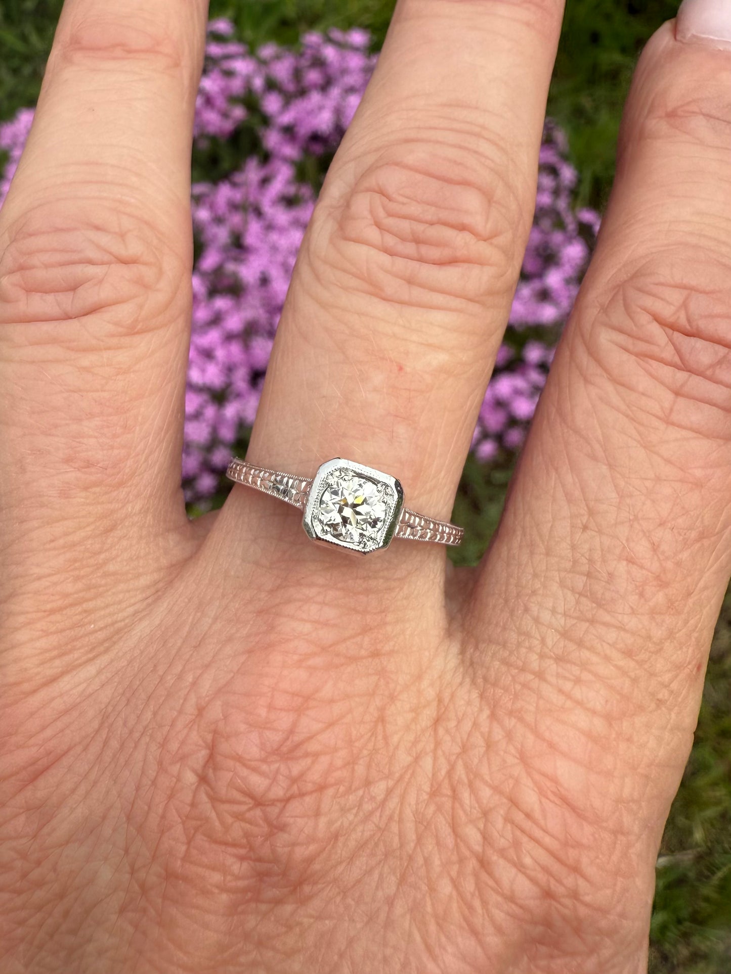 Stunning Hand Engraved Art Deco Platinum Diamond Engagement Ring