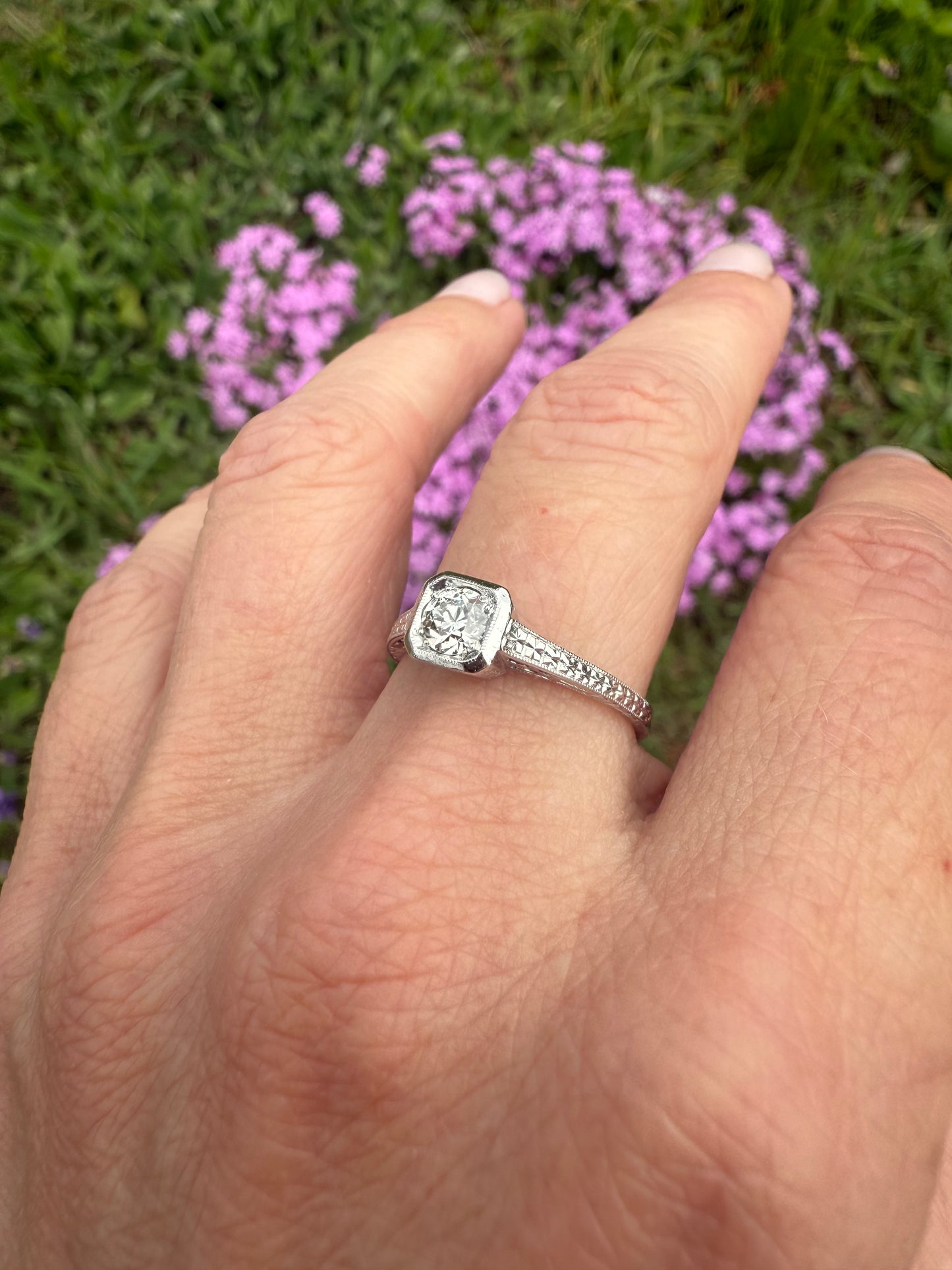 Stunning Hand Engraved Art Deco Platinum Diamond Engagement Ring