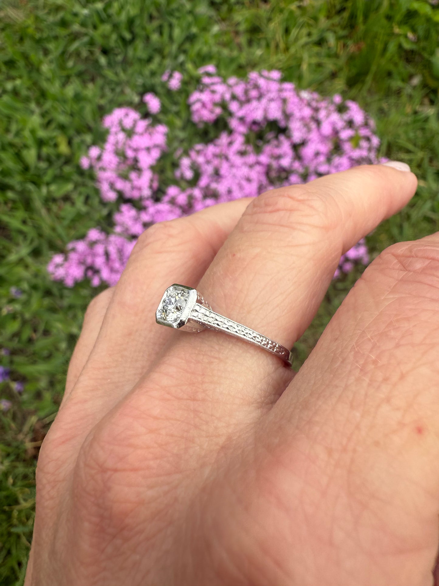 Stunning Hand Engraved Art Deco Platinum Diamond Engagement Ring