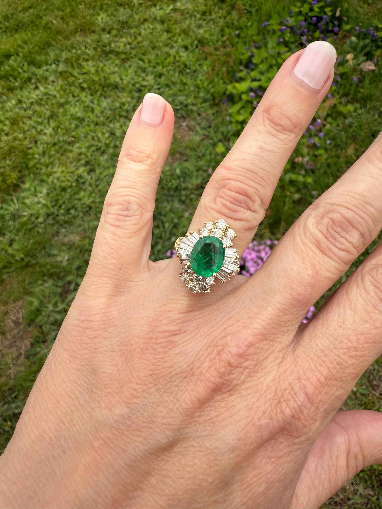 Vintage 14k Yellow Gold Emerald and Diamond Ballerina Ring