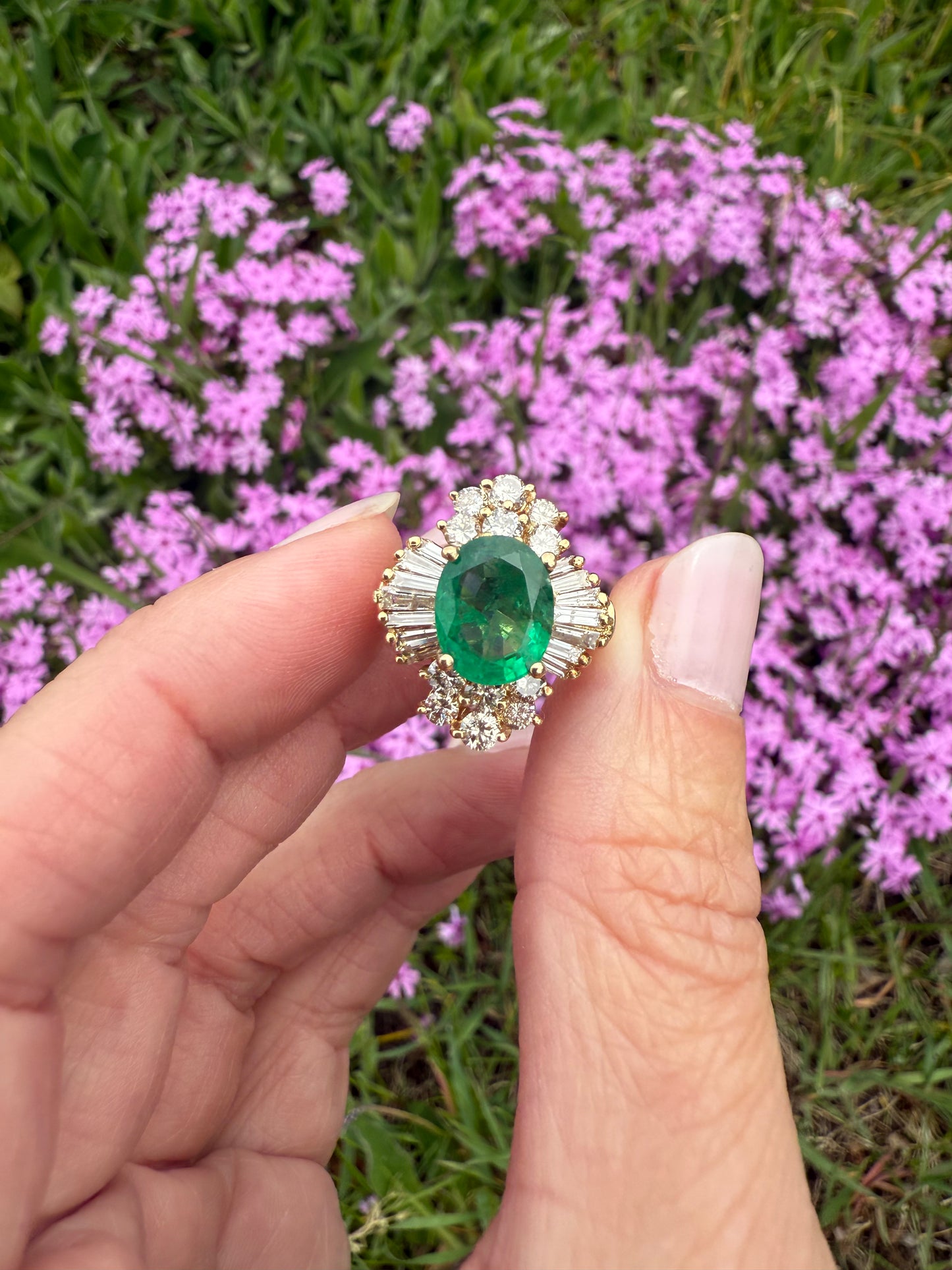 Vintage 14k Yellow Gold Emerald and Diamond Ballerina Ring