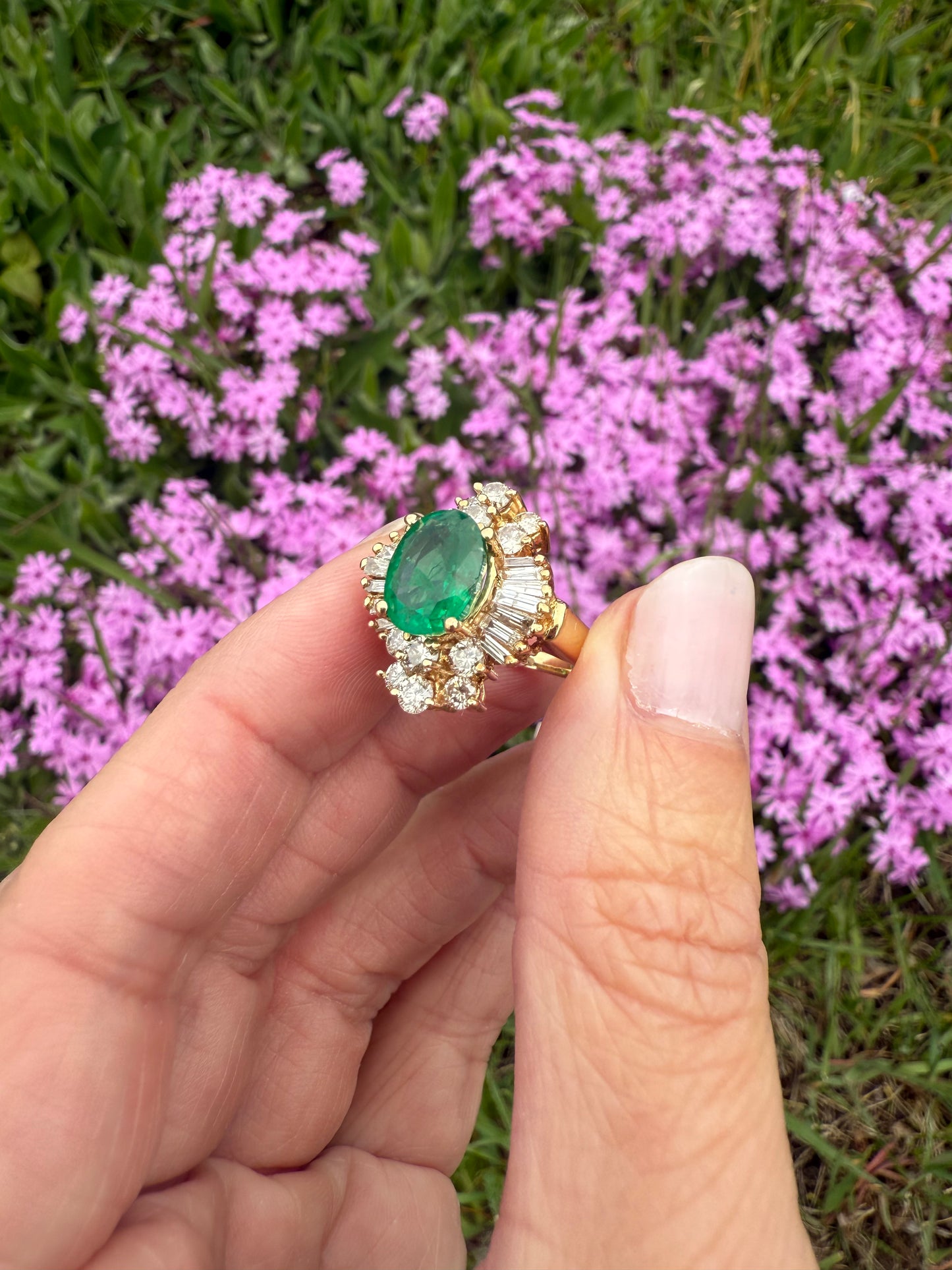 Vintage 14k Yellow Gold Emerald and Diamond Ballerina Ring