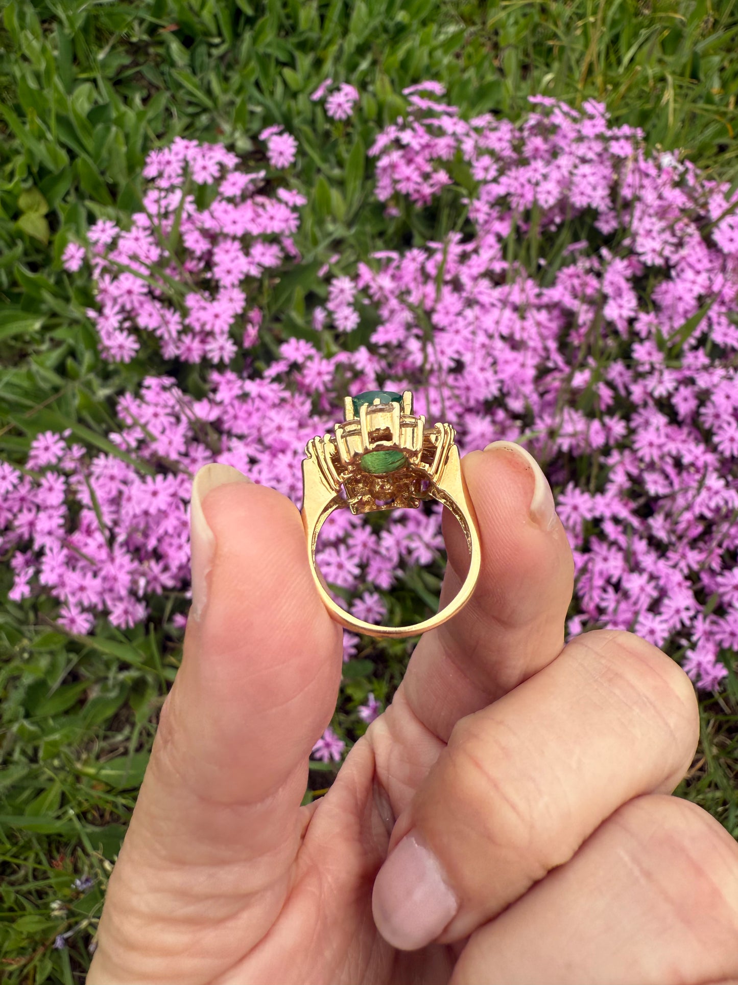 Vintage 14k Yellow Gold Emerald and Diamond Ballerina Ring