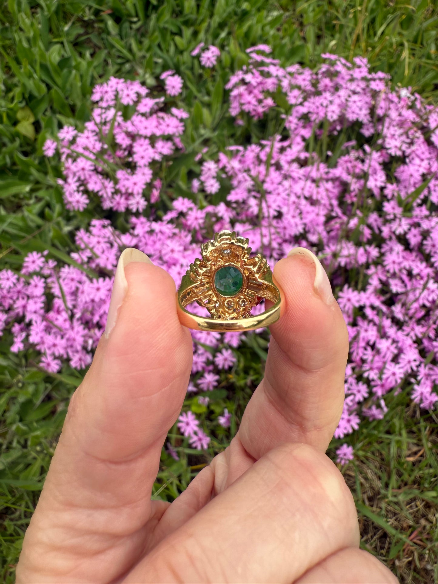 Vintage 14k Yellow Gold Emerald and Diamond Ballerina Ring