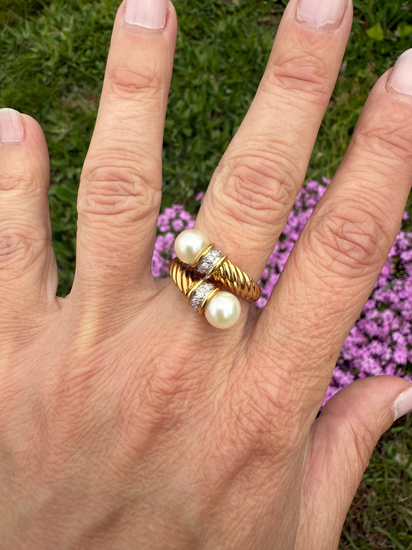 Vintage 18k Yellow Gold Pearl and Diamond Ring