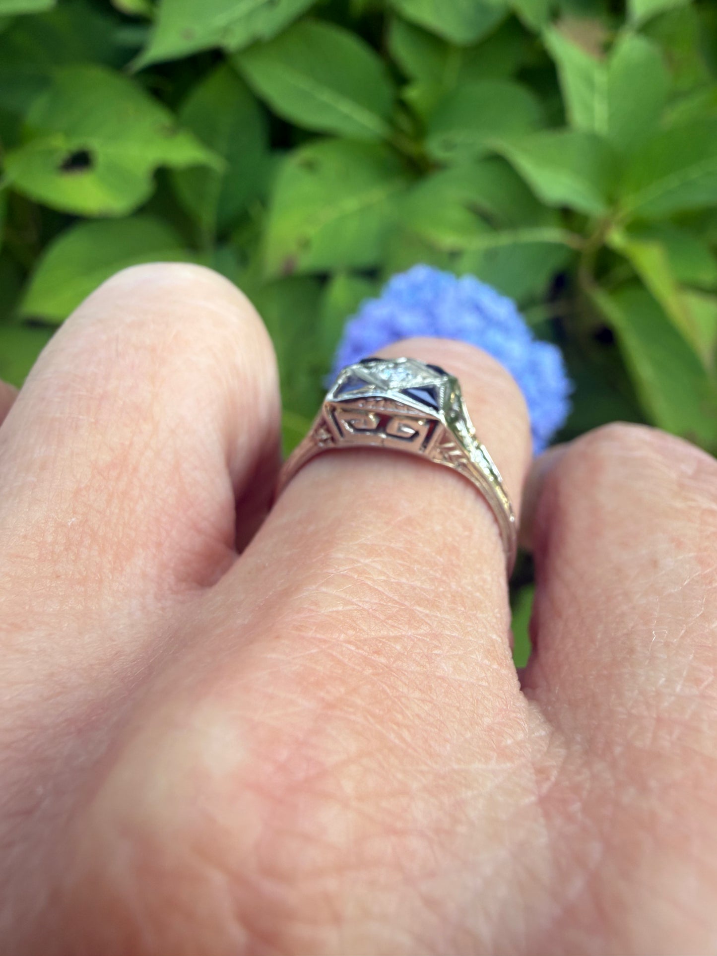 Art Deco 18k White Gold Diamond and Sapphire RIng