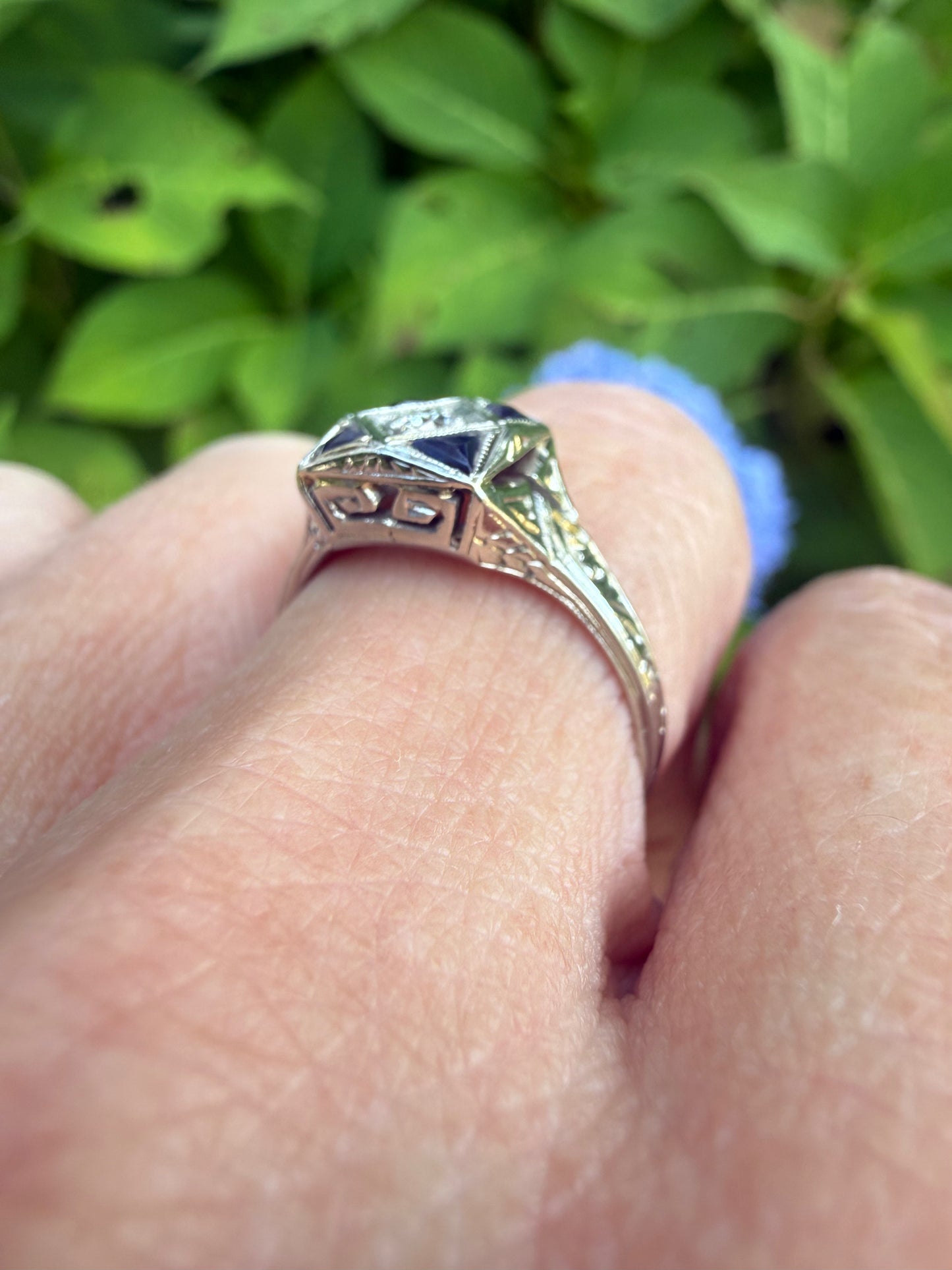 Art Deco 18k White Gold Diamond and Sapphire RIng