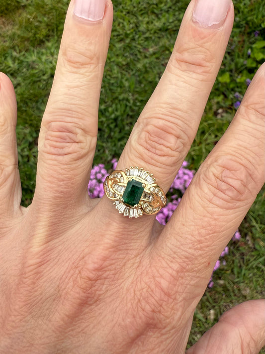 Vintage 14k Yellow Gold Emerald and Diamond Ring