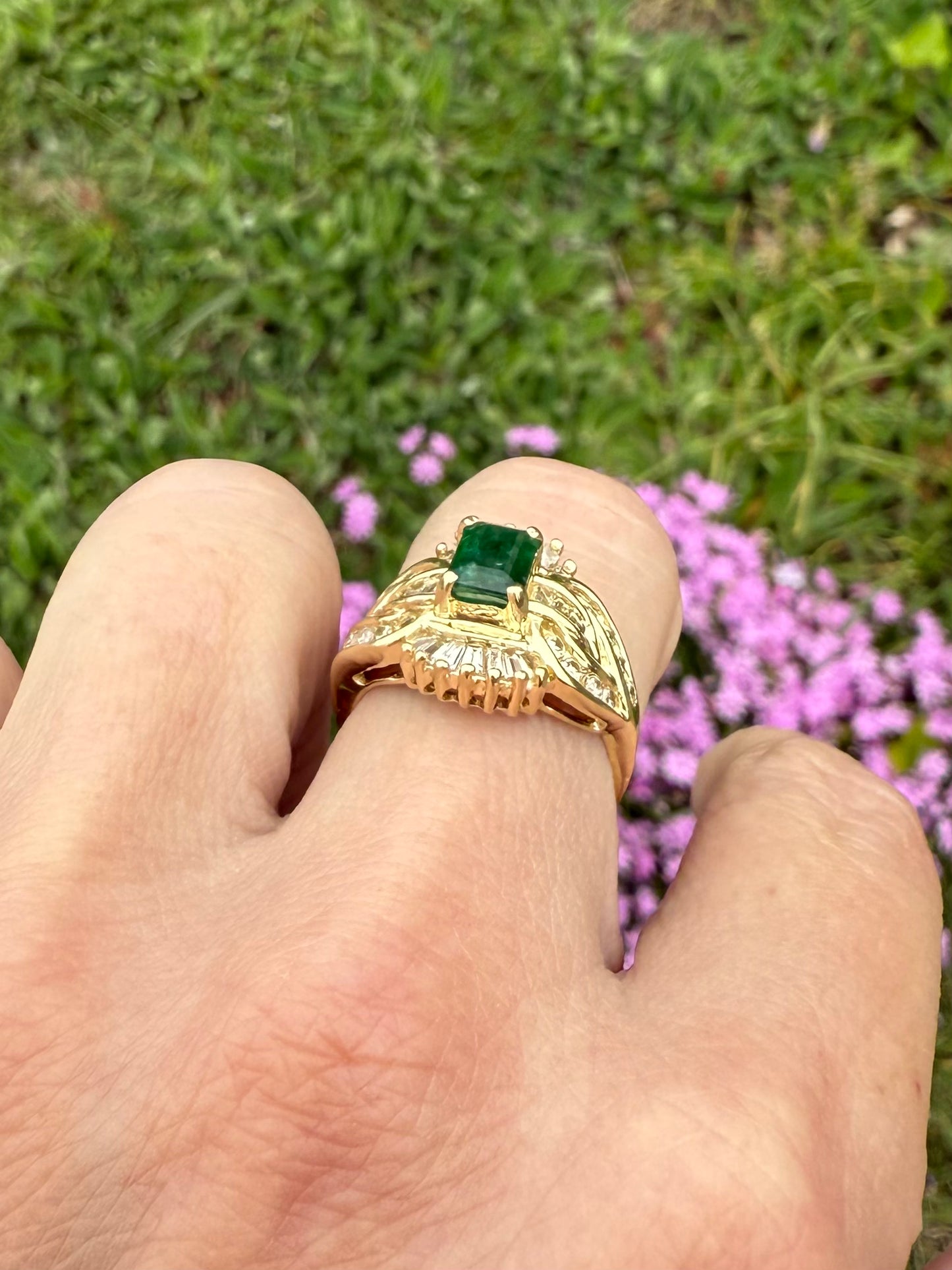 Vintage 14k Yellow Gold Emerald and Diamond Ring