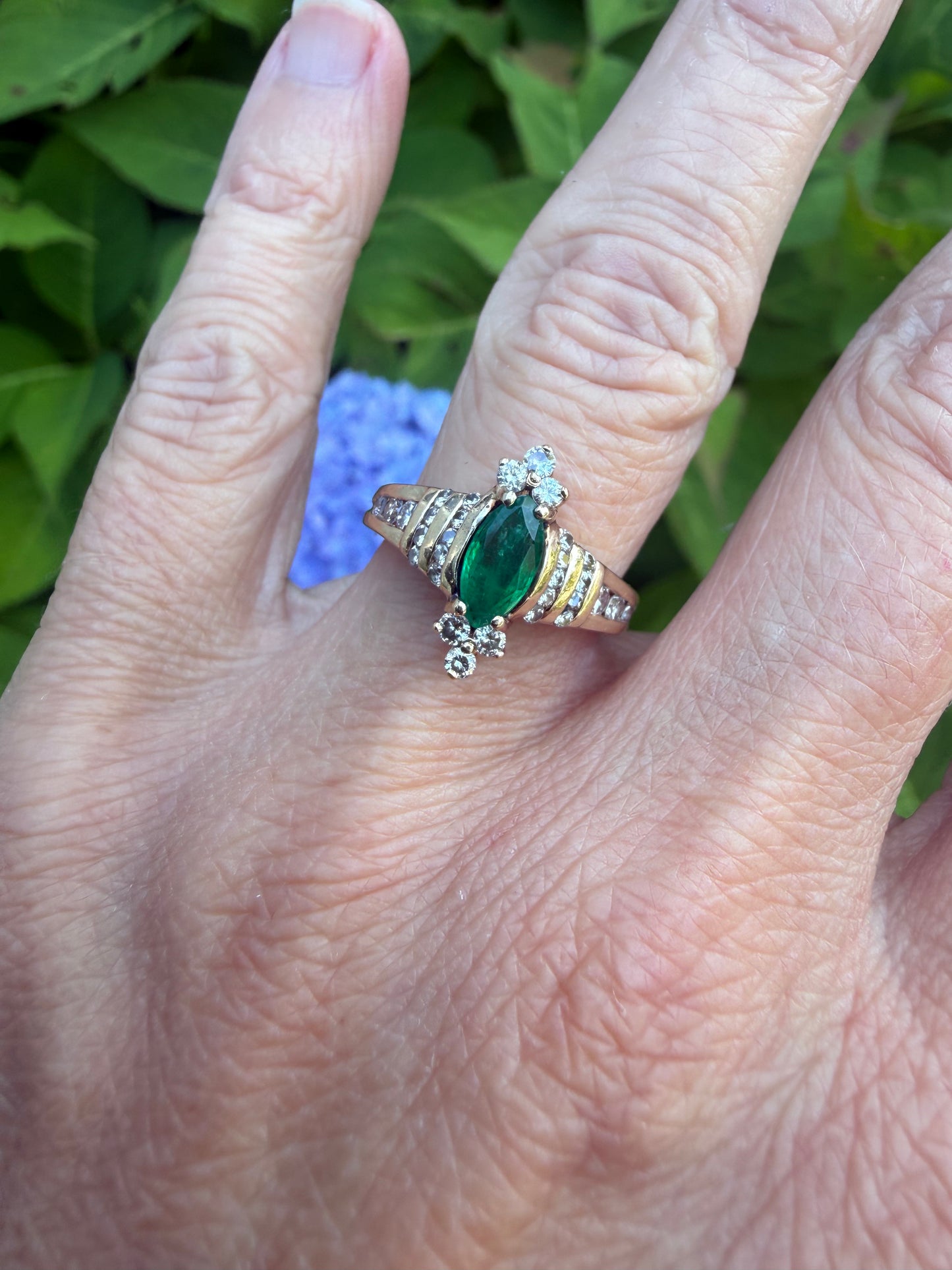 Vintage Gold Marquise Cut Emerald and Diamond Ring