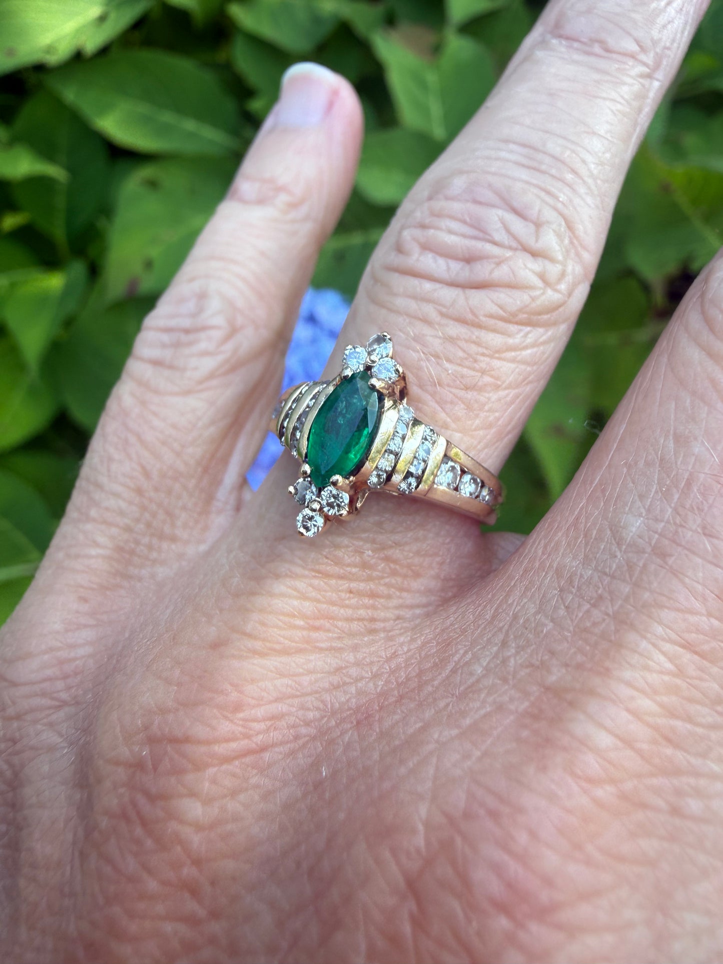 Vintage Gold Marquise Cut Emerald and Diamond Ring