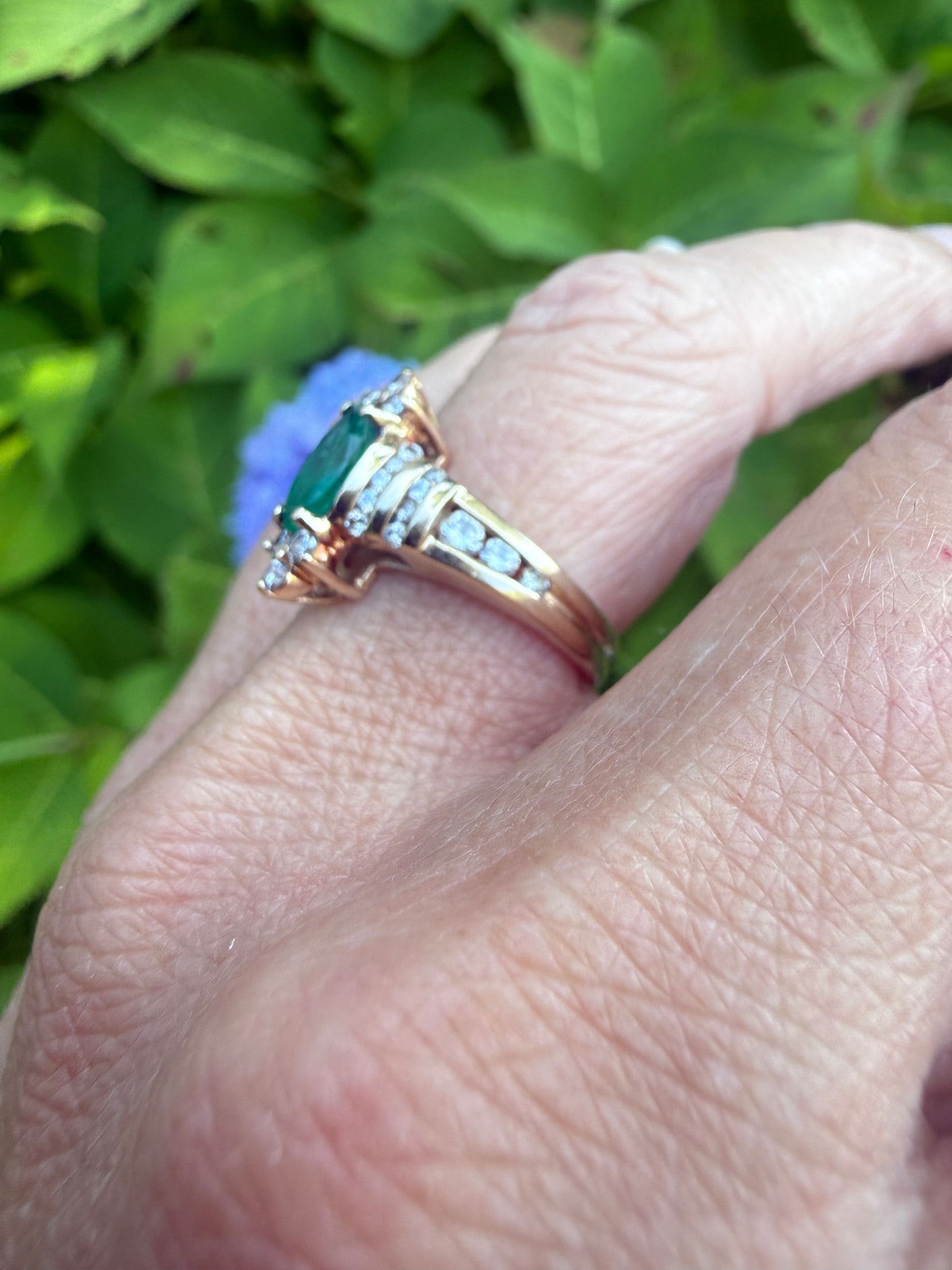 Vintage Gold Marquise Cut Emerald and Diamond Ring