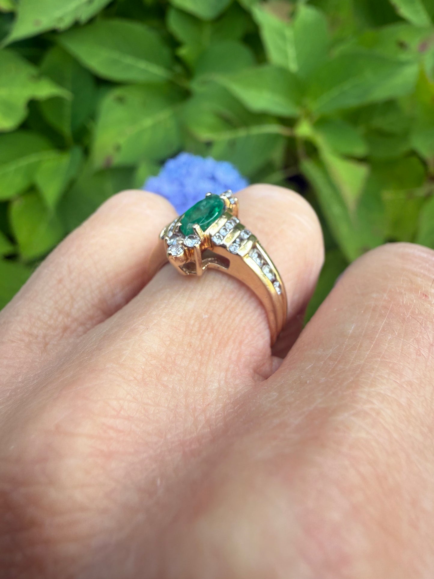 Vintage Gold Marquise Cut Emerald and Diamond Ring