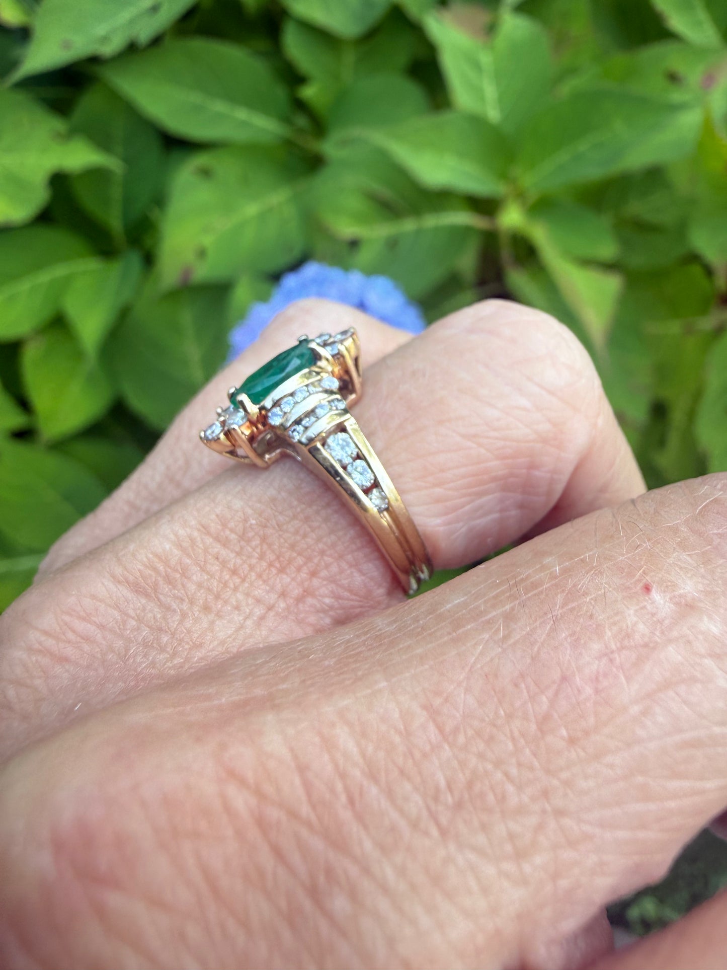 Vintage Gold Marquise Cut Emerald and Diamond Ring
