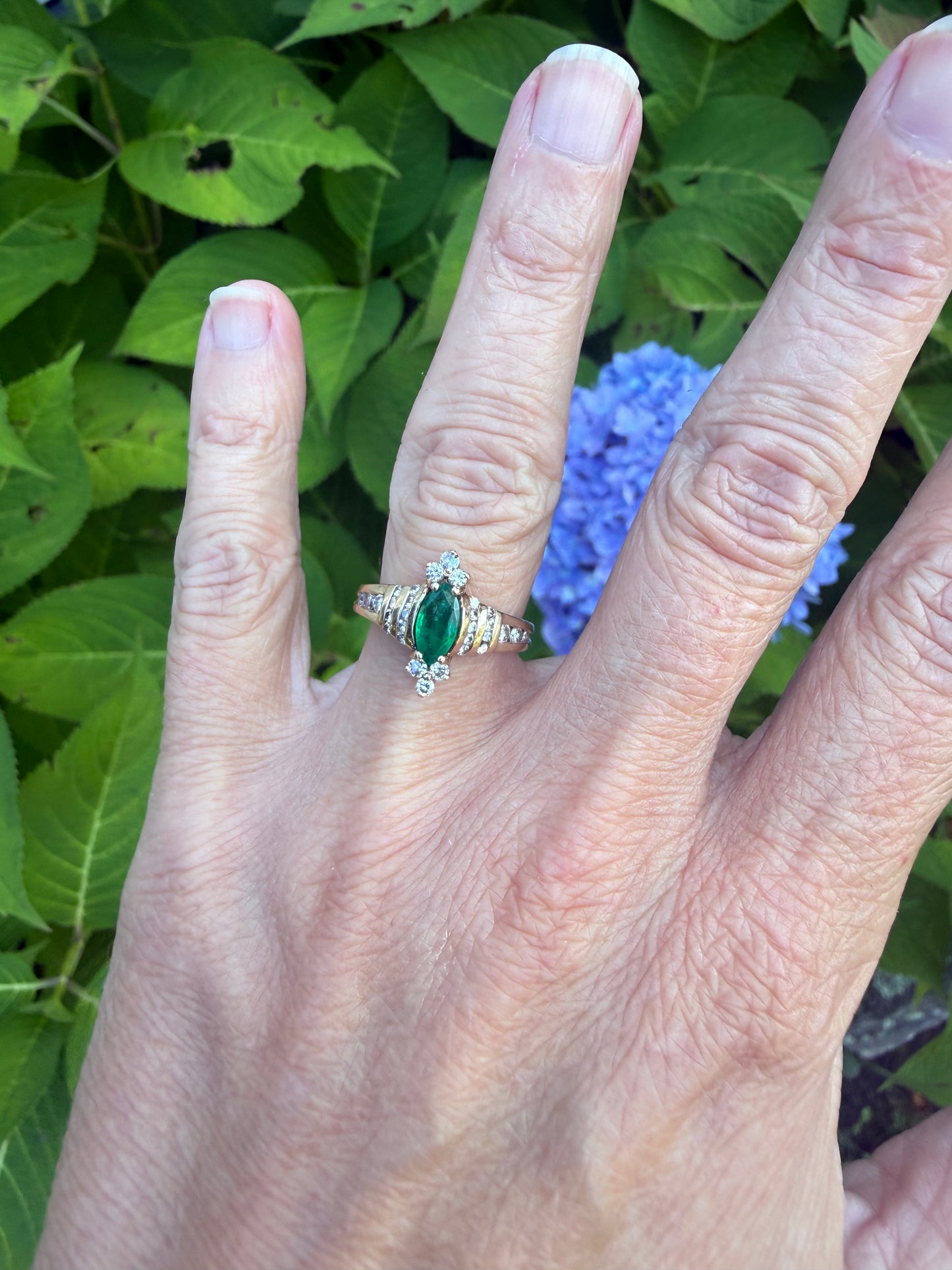 Vintage Gold Marquise Cut Emerald and Diamond Ring