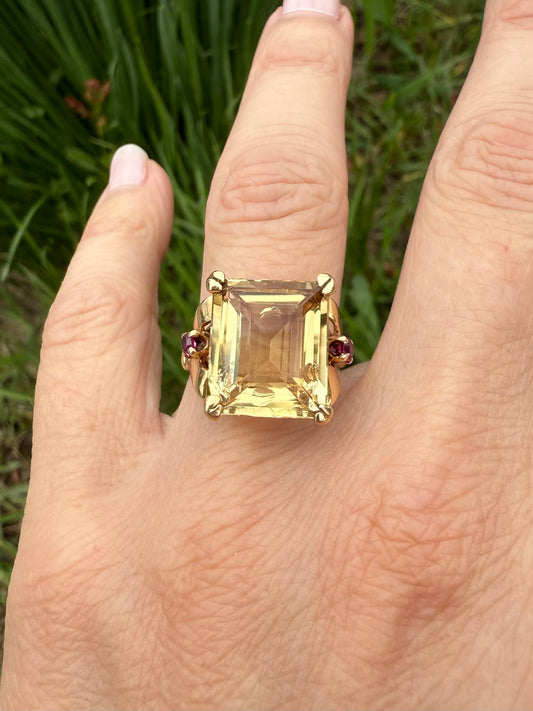 Mid-century  14k Yellow Gold Citrine and Ruby Ring