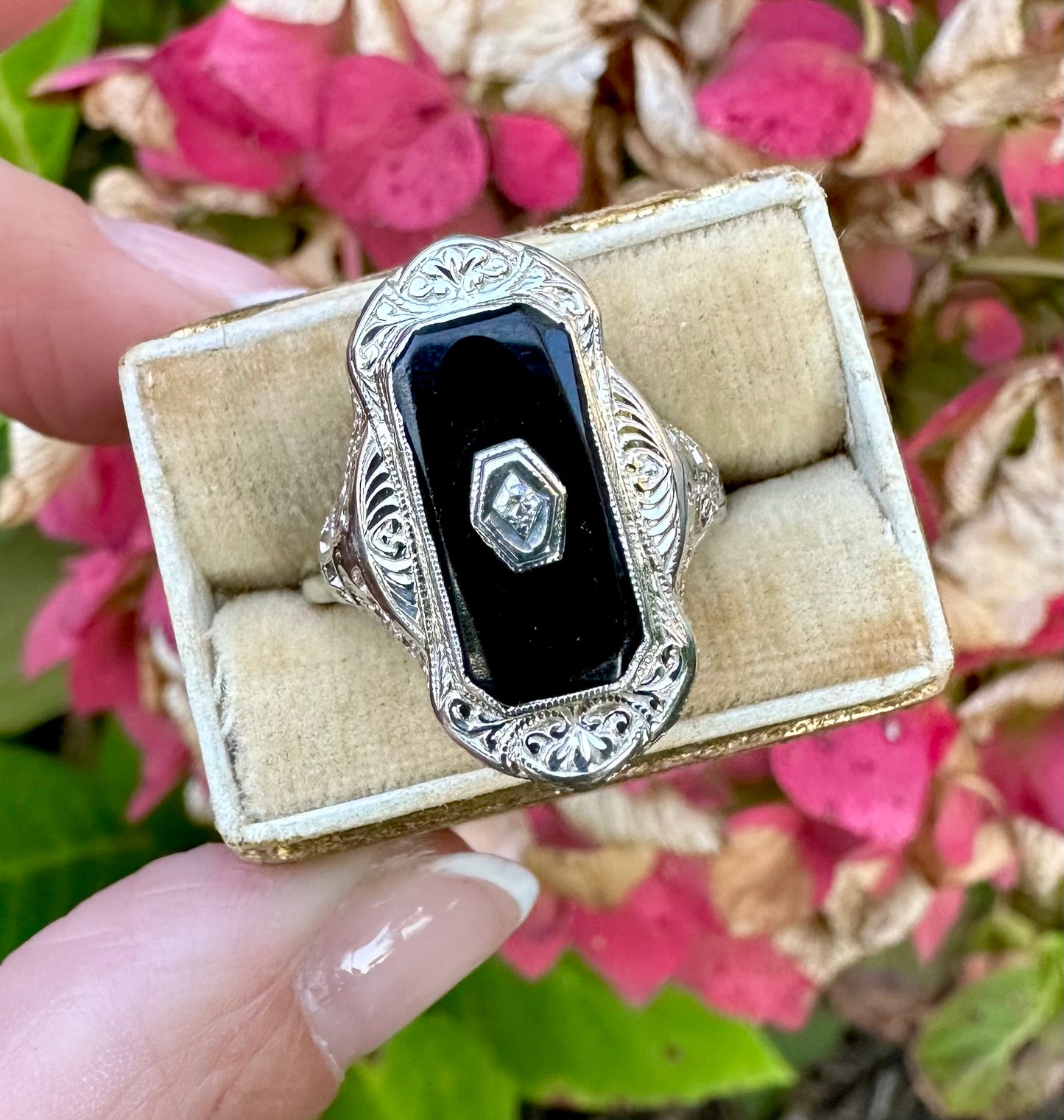 Art Deco 14k White Gold Onyx & Diamond Ring