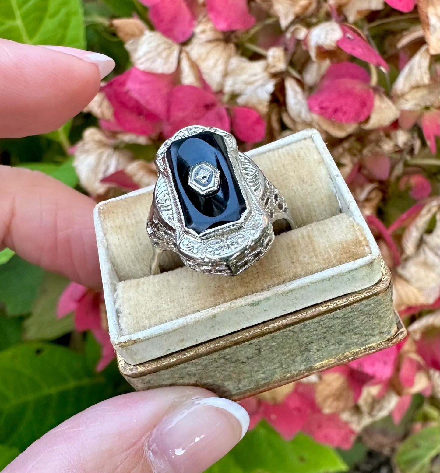 Art Deco 14k White Gold Onyx & Diamond Ring