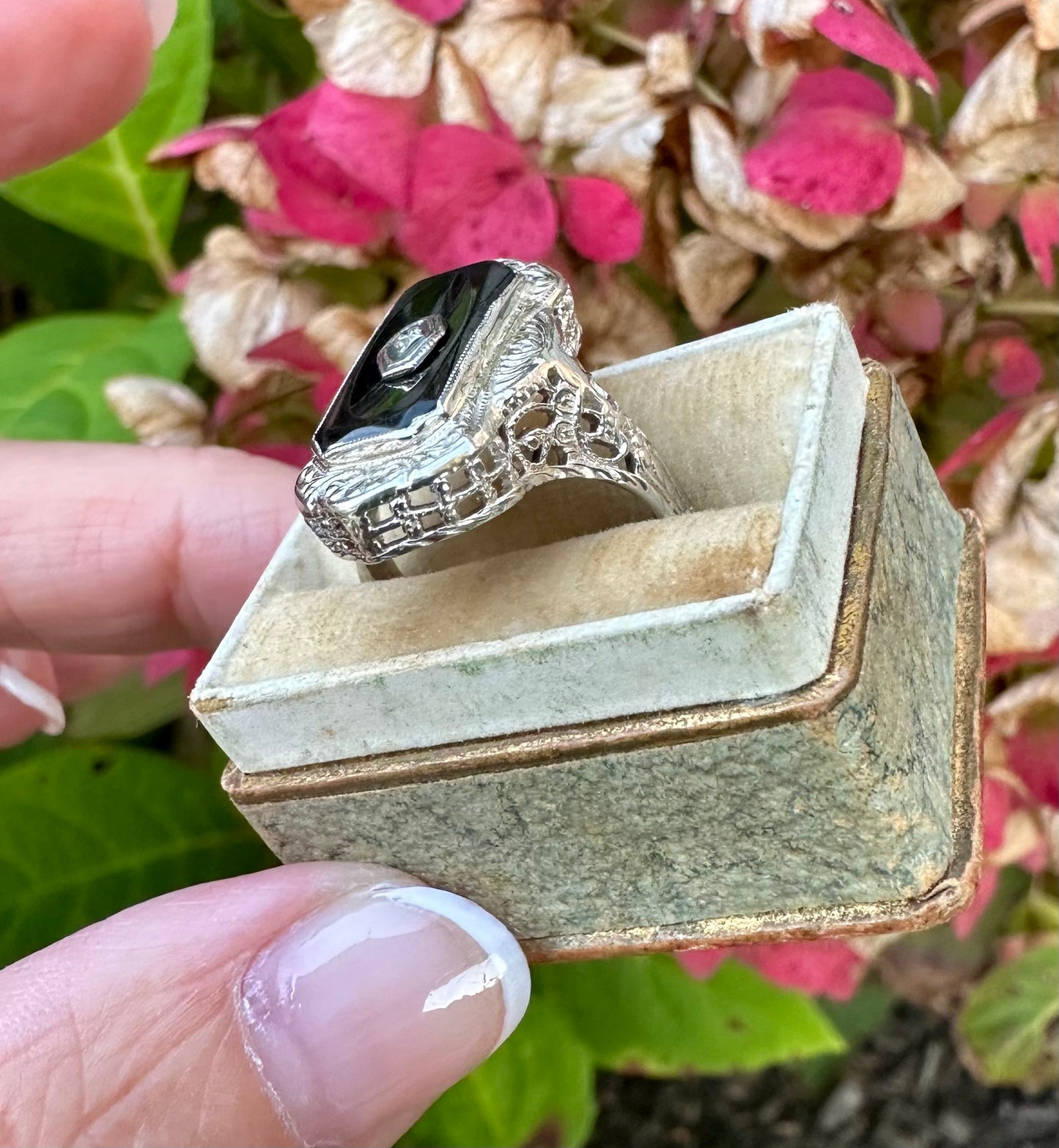 Art Deco 14k White Gold Onyx & Diamond Ring