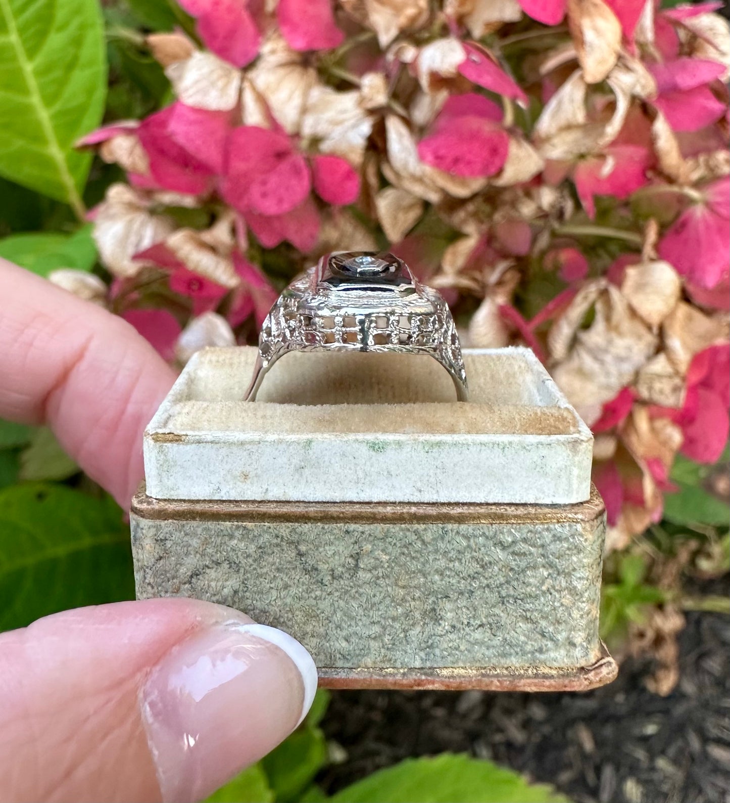 Art Deco 14k White Gold Onyx & Diamond Ring