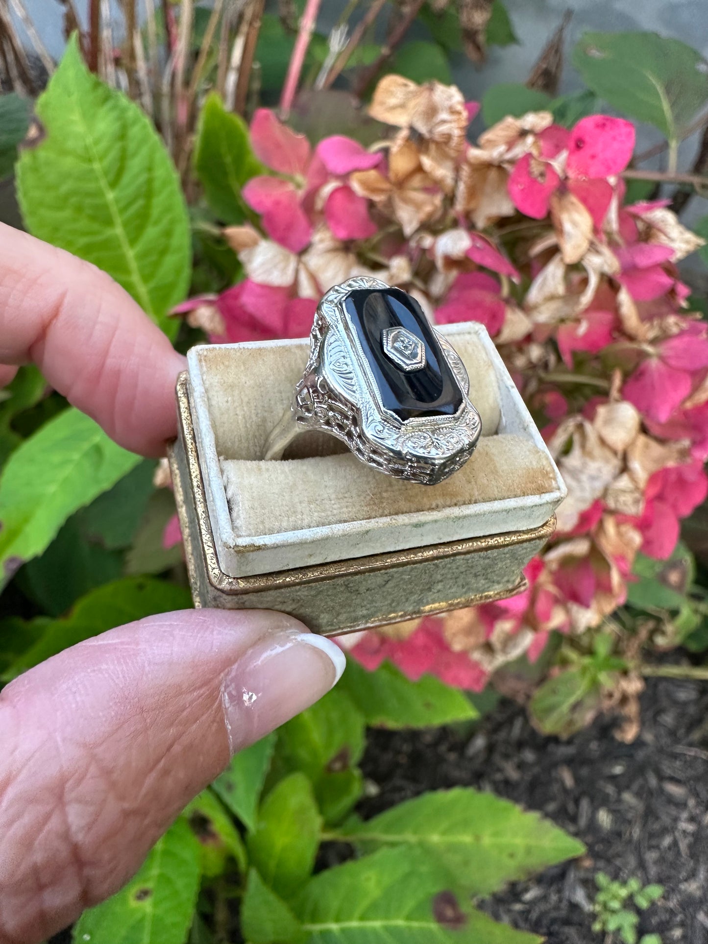 Art Deco 14k White Gold Onyx & Diamond Ring